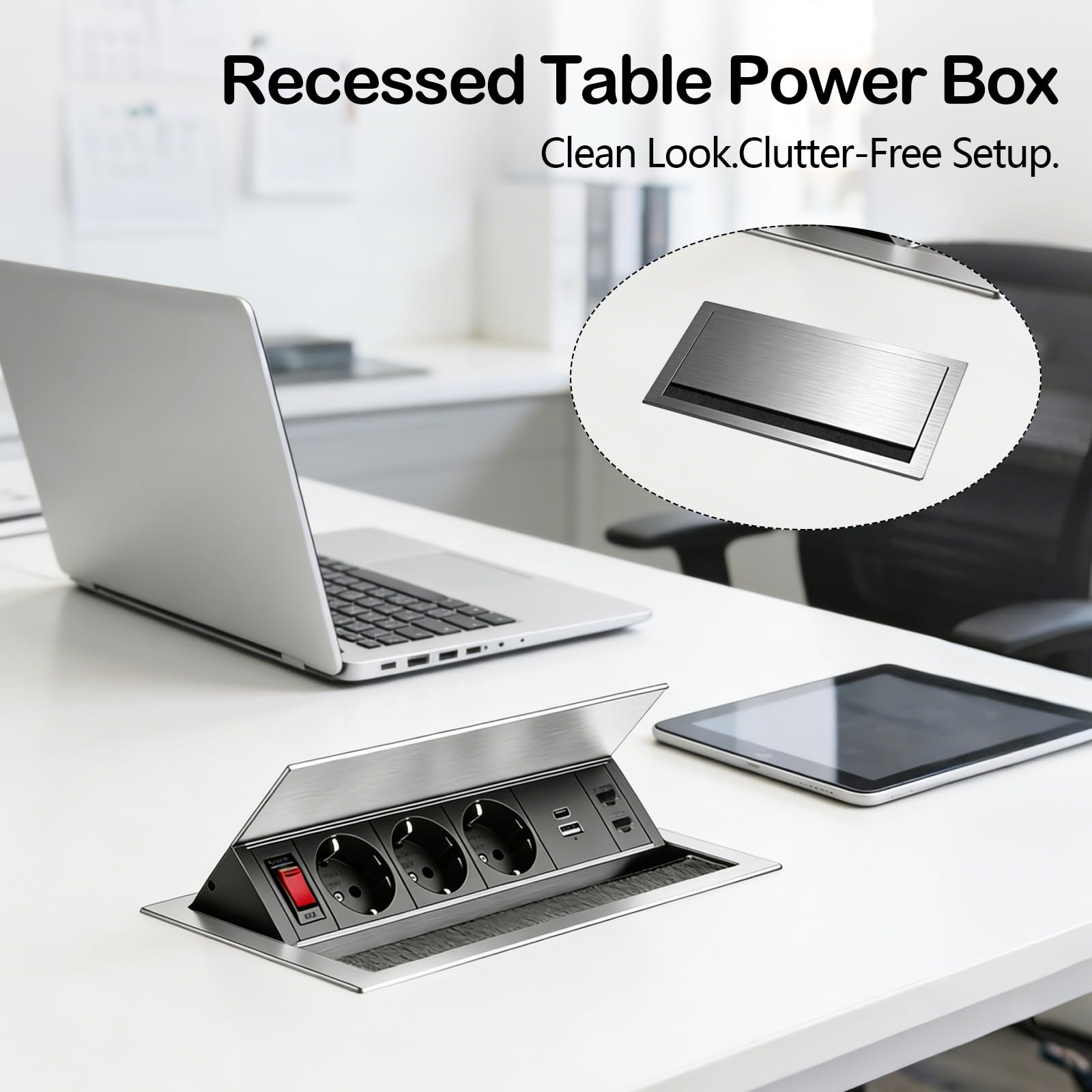 Enchufe Empotrable de Aluminio de 3 Enchufes con Tipo C, USB y 2 CAT6, Regleta Retráctil con Interruptor Ángulo Ajustable para Cocina, Escritorio y Oficina, Cable de 1,8M