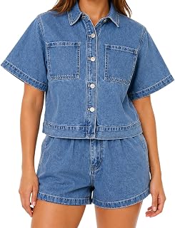 Women's Denim 2 Piece Set Short Sleeve Button Down Top And High Waist Jean Shorts Summer Matching Outfit