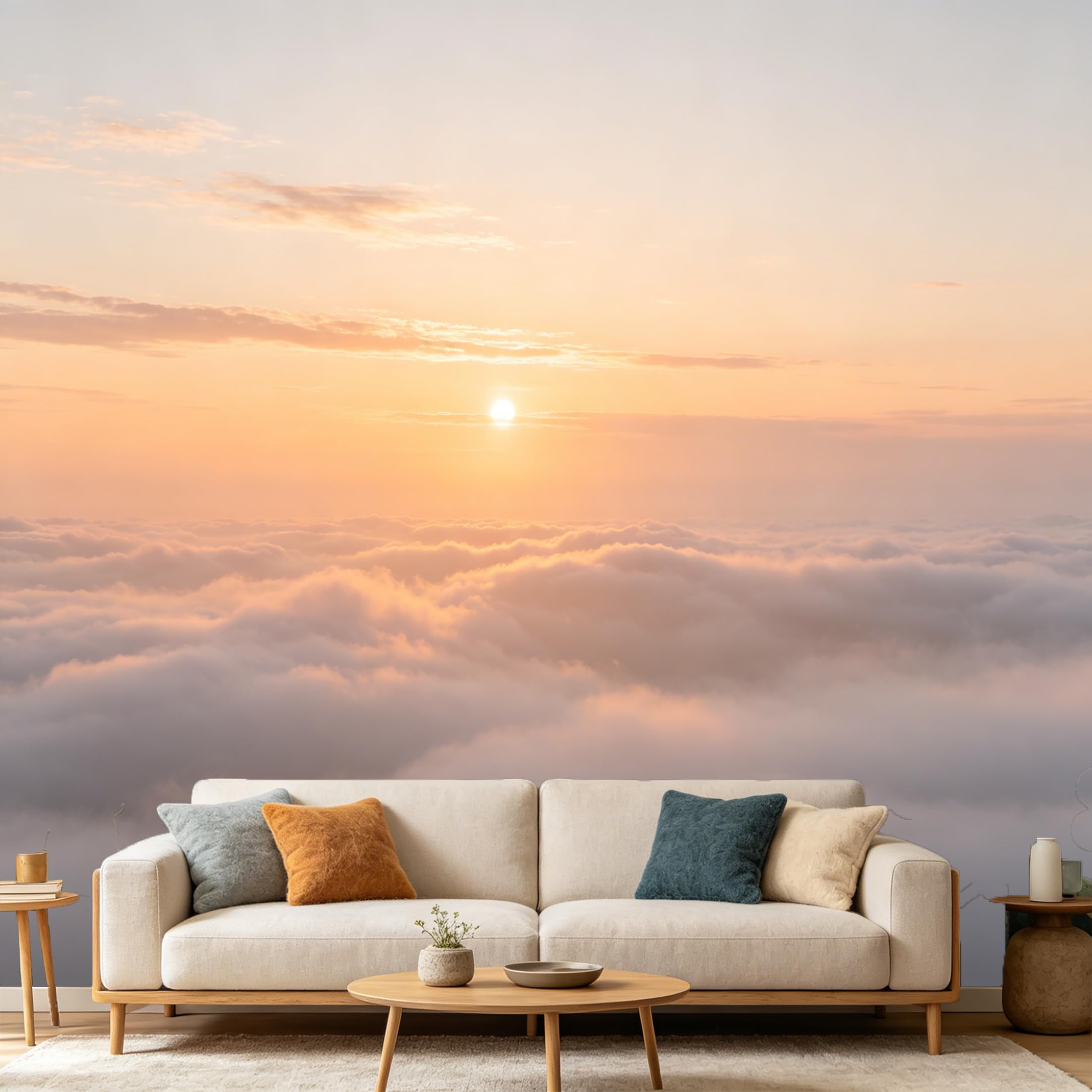Custom Size Wall Mural Landscape Sunset Above Clouds Golden Sky Aesthetic Horizon SelfAdhesive Art Prints wall Fabric（No PVC） Removable Wallpaper Home Bedroom Decor