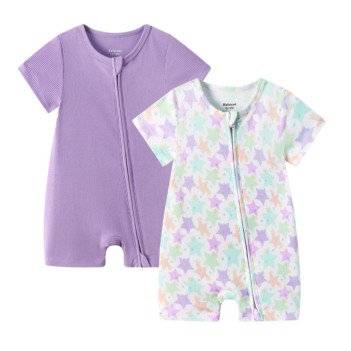 Bafeicao Baby 2 Pack Bamboo Viscose Sleeper Romper Soft Ribbed Short Sleeve 2 Way Zipper Summer Pajamas Clothes,purple, 12-18M