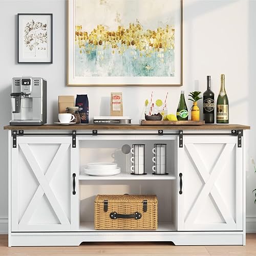 Armario de barra de café de granja, gabinete de buffet de cocina de 58 pulgadas con estante de almacenamiento, patas de calabaza, gabinete de mesa