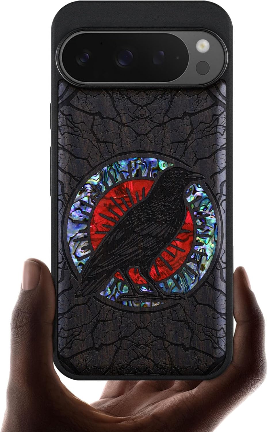 Carveit Magnetic Wooden Case for Google Pixel 9 Pro XL Case, Wood Artisan Engraved & Handmade Shell Inlaid, Compatible with MagSafe Wireless Chargers, The Haloed Crow - Blackwood