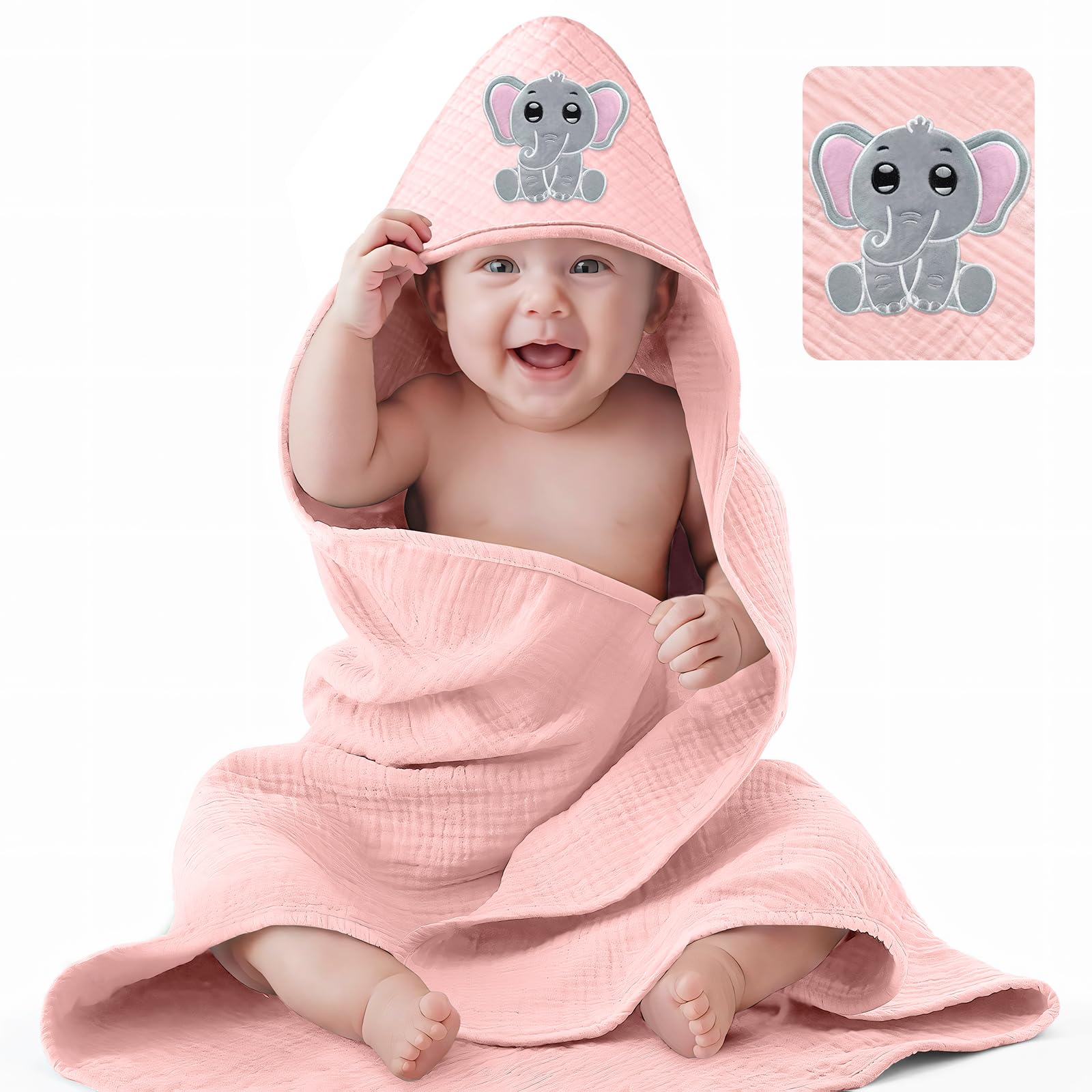 Mngevcy Kapuzenhandtuch Baby, 82 x 83 cm Baby Handtuch Kapuze aus 3 Breilagigem Musselin Baumwolle, Weich & Super Saugfähig Badeponcho Kinder für Babys & Neugeborene ab 0+ Monaten, Rosa