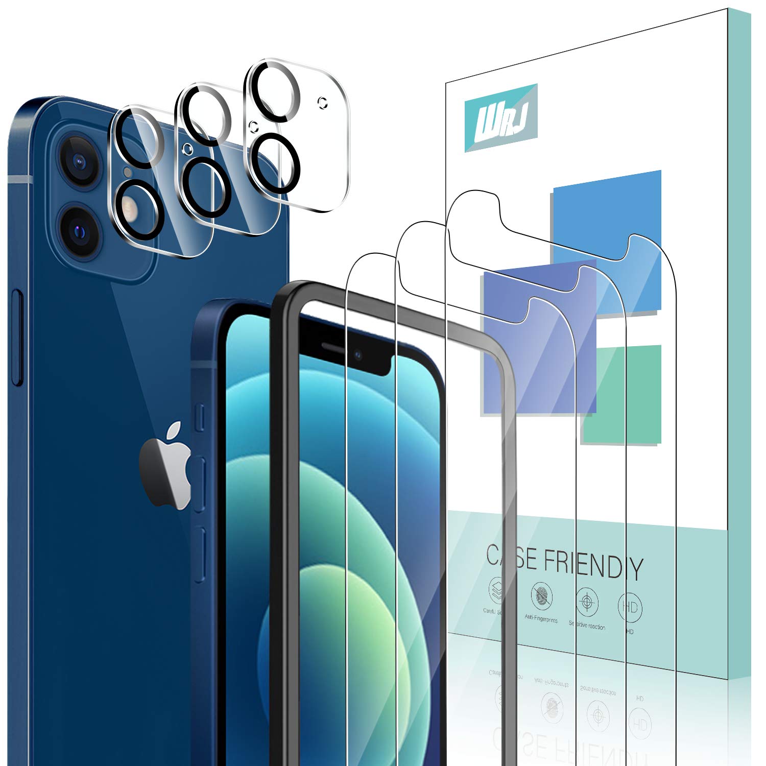 [6 Pack] WRJ Screen Protector Compatible with iPhone 12 5G,[Easy Installation Frame] HD No-Bubble 9H Hardness Tempered Glass (Clear)