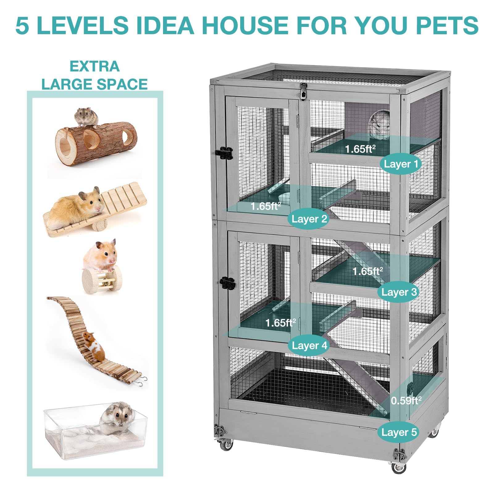 Akinerri Großer Meerschweinchenkäfig,5 Levels Hölzerner Frettkäfig mit Rädern, Chinchilla Käfig Upgrade Metallrahmen Rattenkäfig für Indoor Outdoor (5 Level)