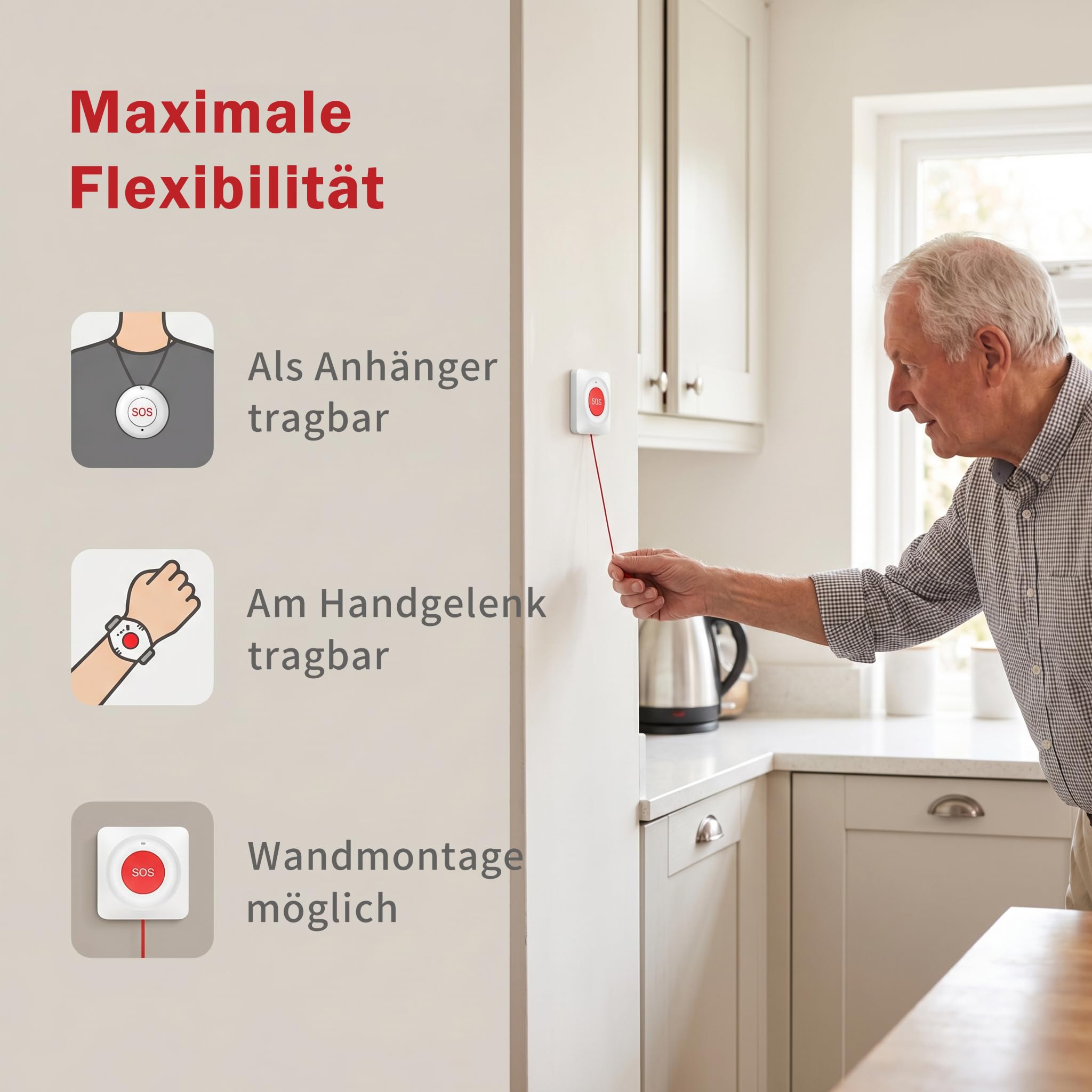 Notrufknopf für Senioren mit WLAN – Nutzung ohne ABO, IP55 wasserdicht, Hausnotruf für Zuhause & Angehörige, interner Hausnotruf mit App-Benachrichtigung, einstellbare Lautstärke (4er-Set)