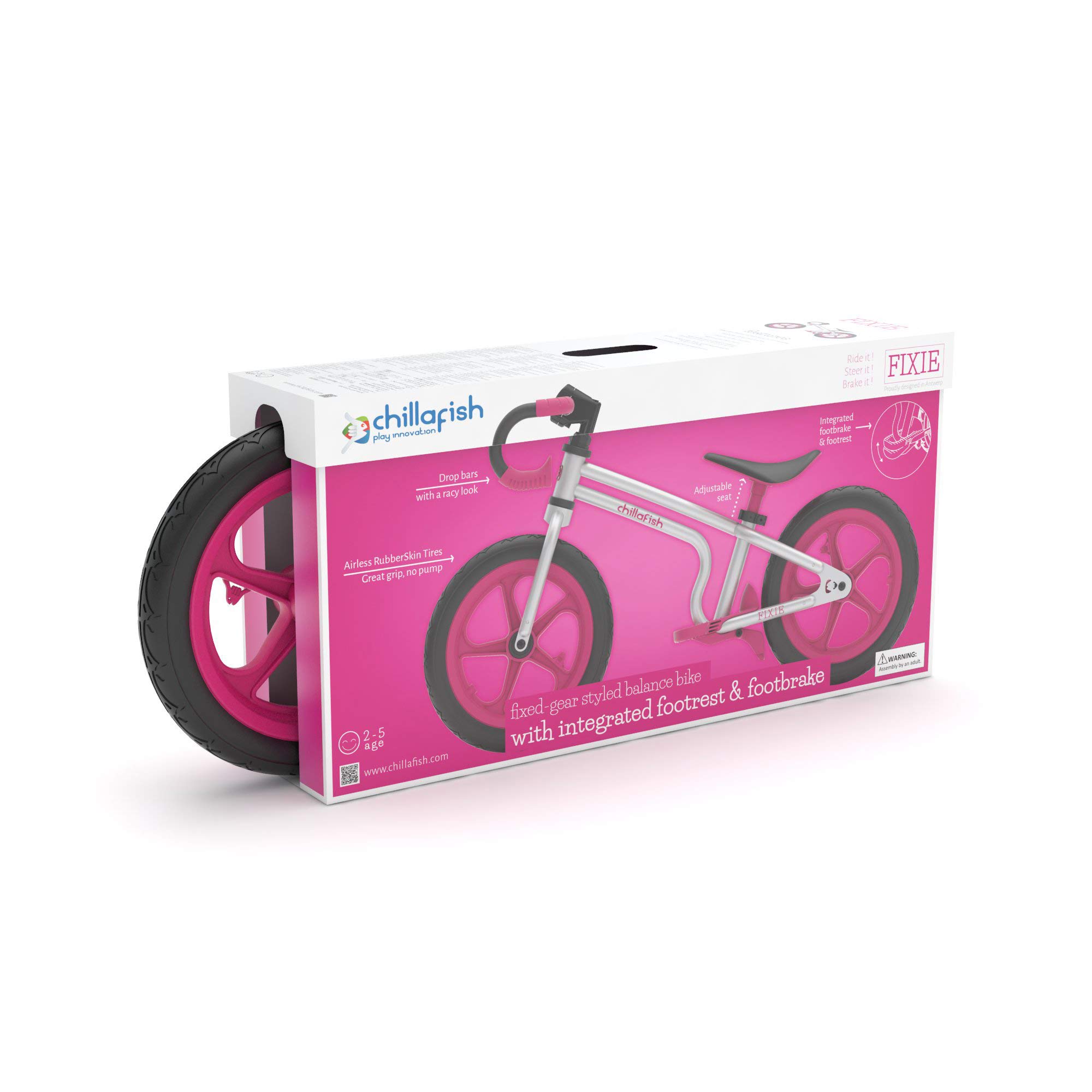 Chillafish Fixie: draisienne au véritable look de vélo de course pour les enfants de 2 à 5 ans, pneus increvables de 12 pouces, siège et guidon ajustable en hauteur, frein à pied et repose pied, rose