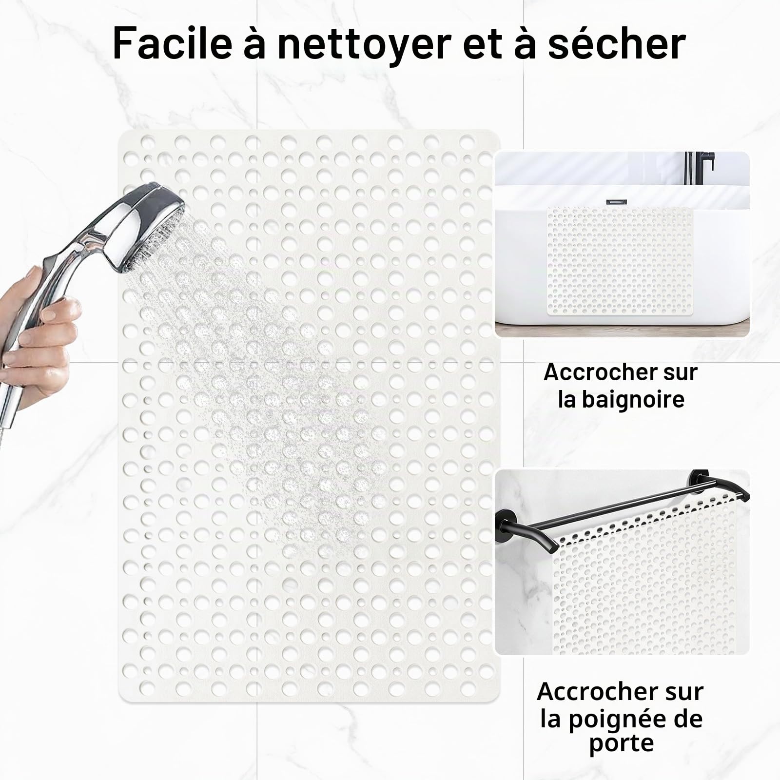 Tapis de douche antidérapant et anti-moisissure : 60 x 90 cm Grand tapis de douche pour bac de douche à l'italienne - Tapis de bain antidérapant en caoutchouc souple pour sol humide - Lavable en