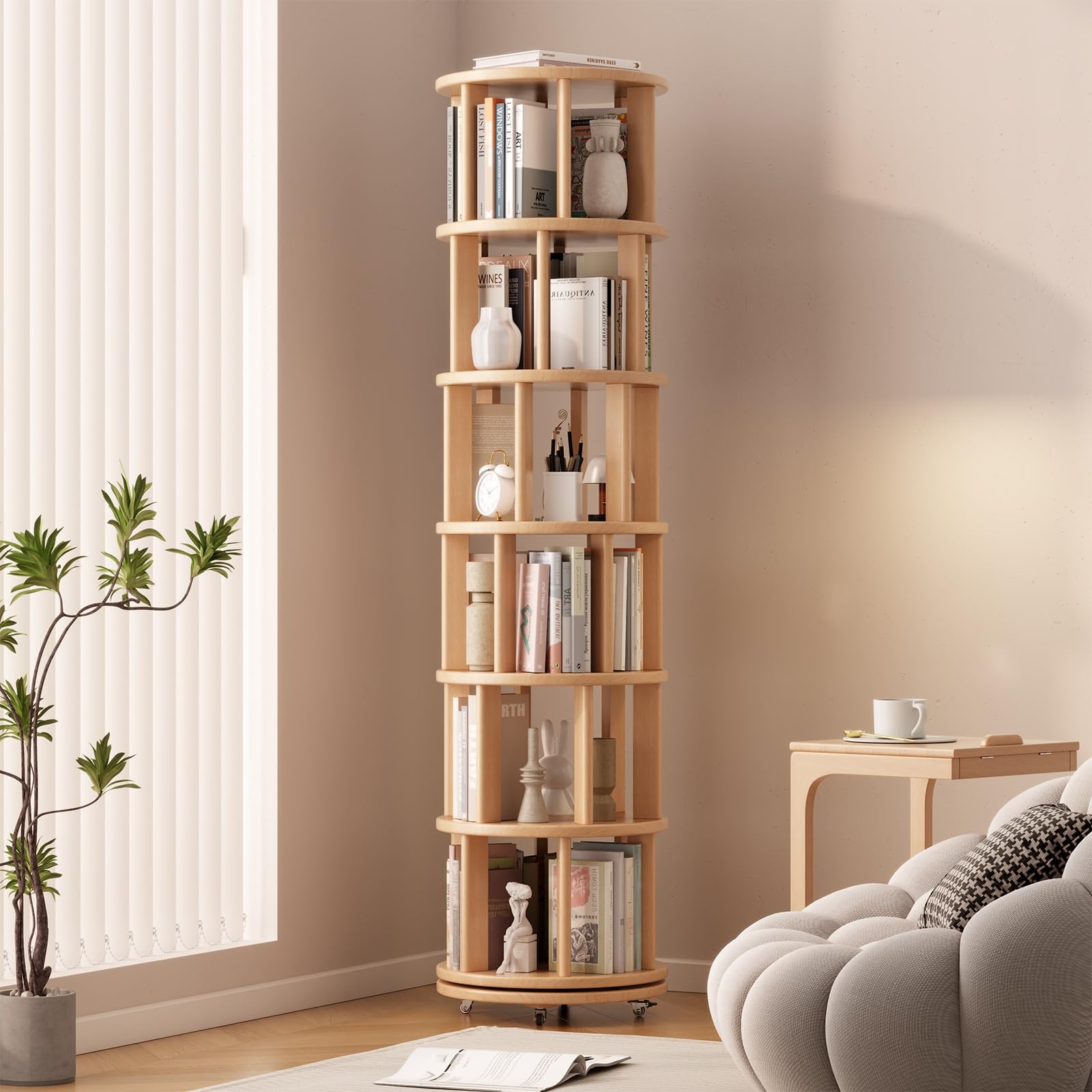 Photo 1 of Muwuele Solid Wood Rotating Bookshelf on Wheels, 6 Tier, Round Revolving Bookcase, 360° Spinning Book Shelf Tower for Kids, Narrow Rolling Bookshelves for Small Space, Corner, Bedroom, Office, Natural