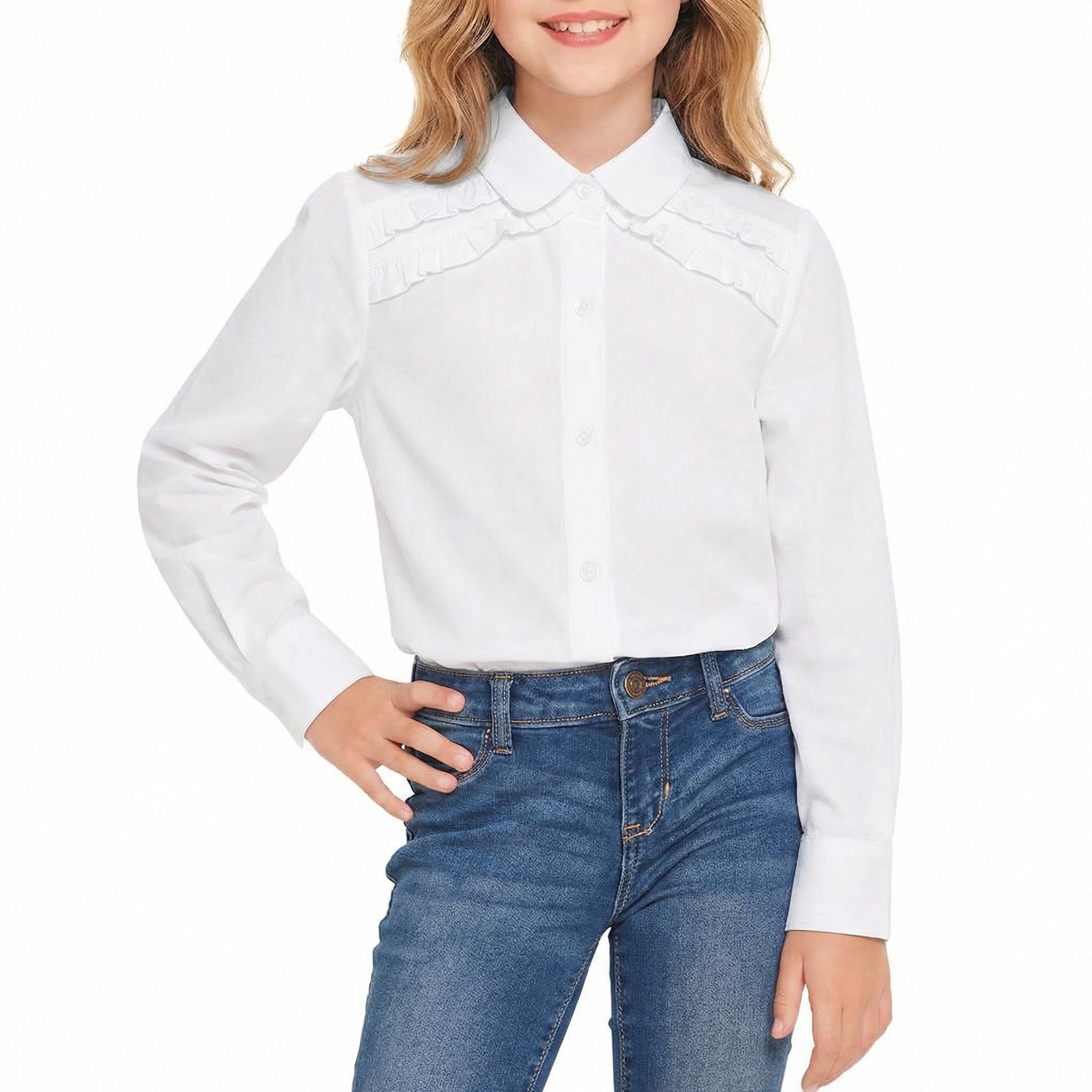Girls White Long Sleeve Button Down Shirt Ruffled Turn Down Collar School Unifrom Blouse Top 4-13Y