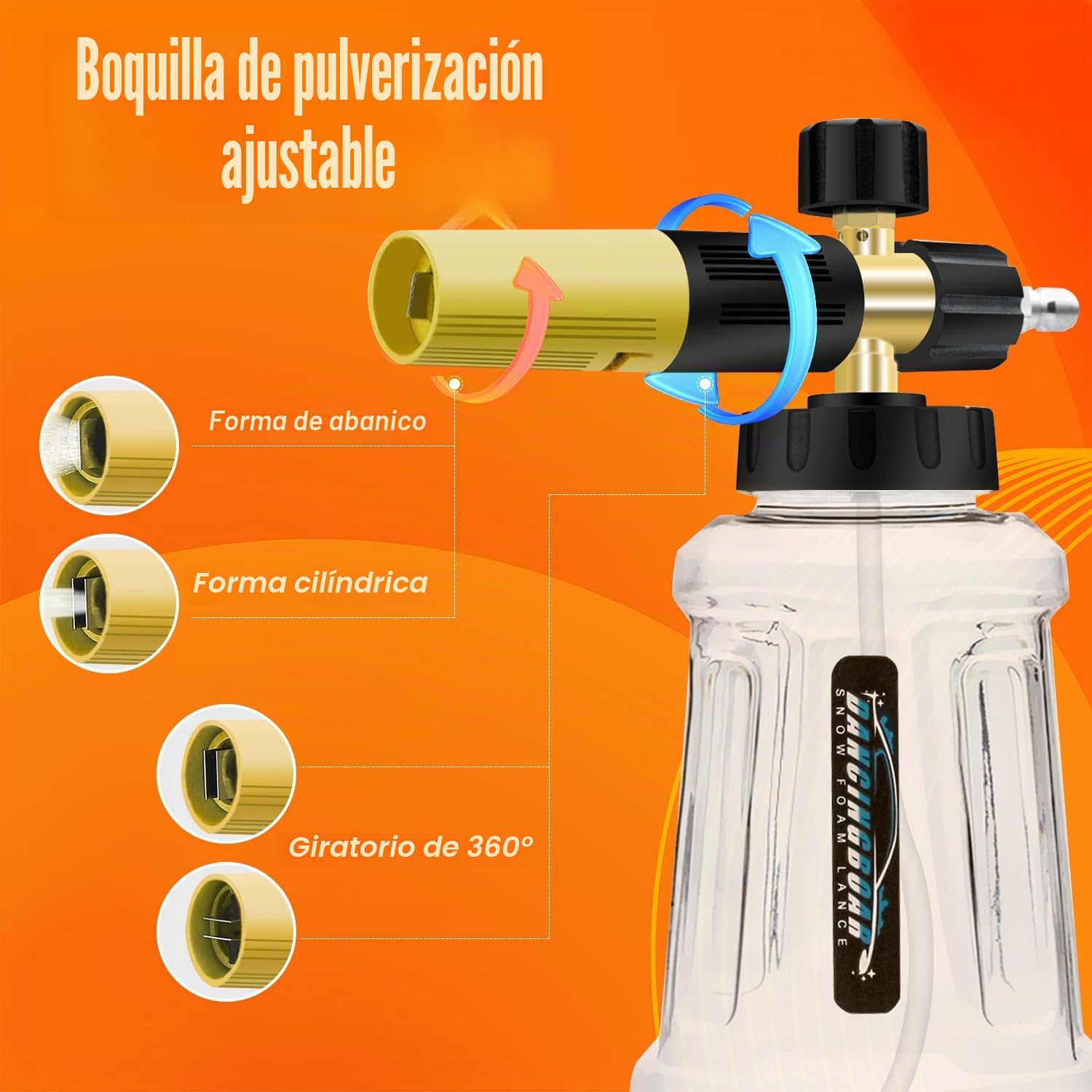 Lanza de Espuma de Nieve Compatible con Pistola Hidrolimpiadora de 1/4 de Conexión Rápida, Dispensador de Jabón Ajustable de 1L con Boquilla Pulverizadora de Nueva Generación (Negro y Amarillo)