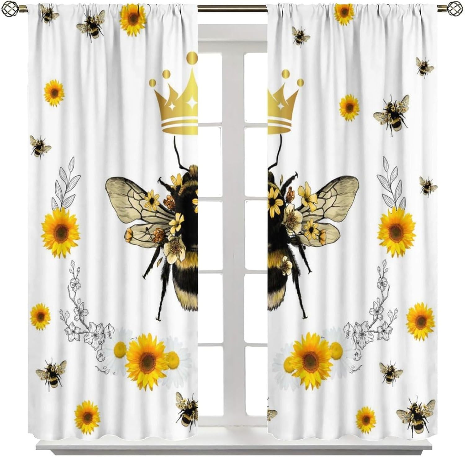 Bee Blackout Curtain,Spring Animals Yellow Floral Window Treatment Curtains Cloth Farbic for Cafe Bedroom Office Dining Room Living Room Kitchen Drapes,84x84 in