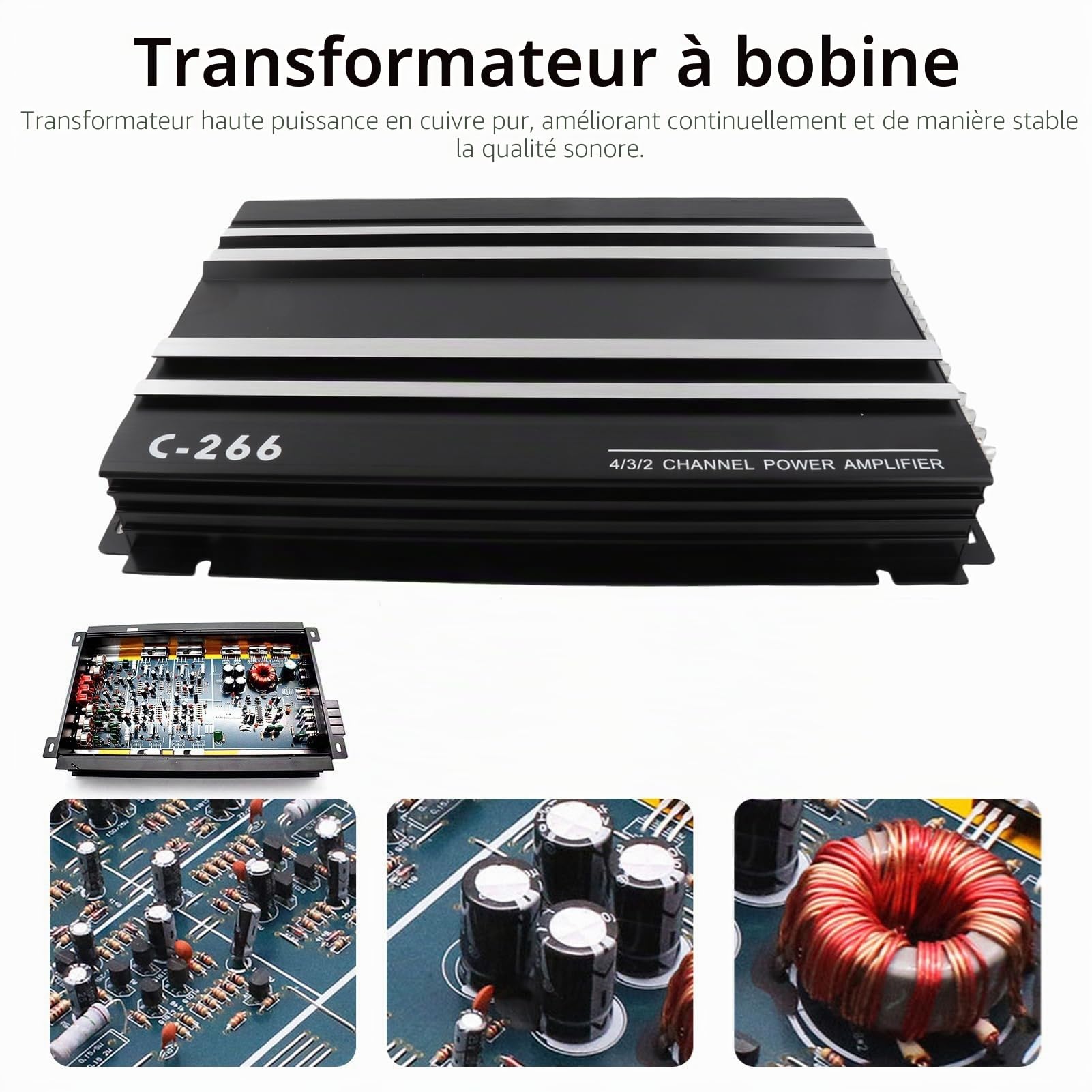 Amplificateur de voiture, 12V 4 canaux haute performance en alliage d'aluminium étage final amplificateur stéréo pour voiture