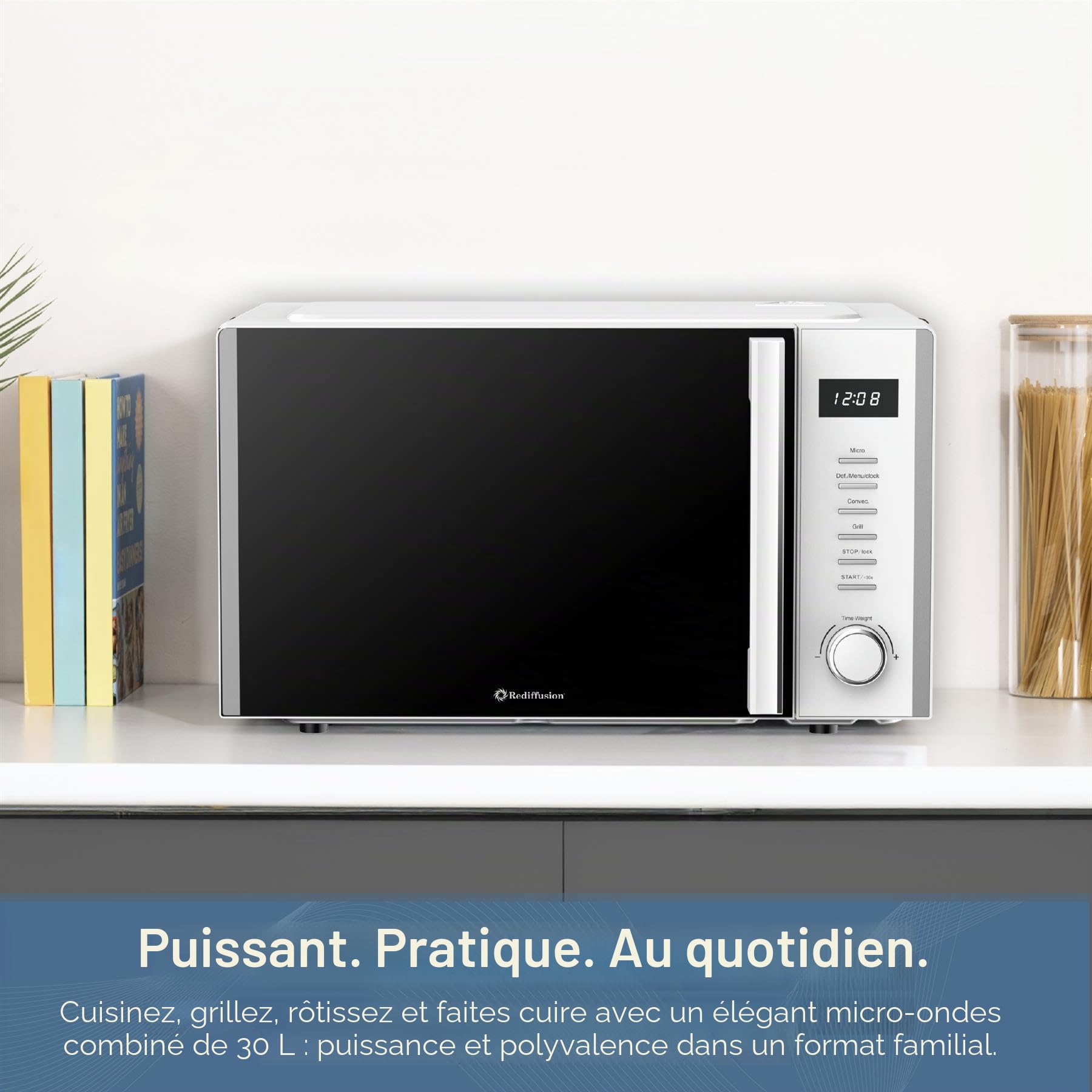 Rediffusion Micro-onde numérique 30 L, micro-ondes 900 W, grill 1200 W et convection 2200 W, grille de gril, dégivrage, cavité en acier inoxydable, 5 niveaux de puissance, 8 menus automatiques