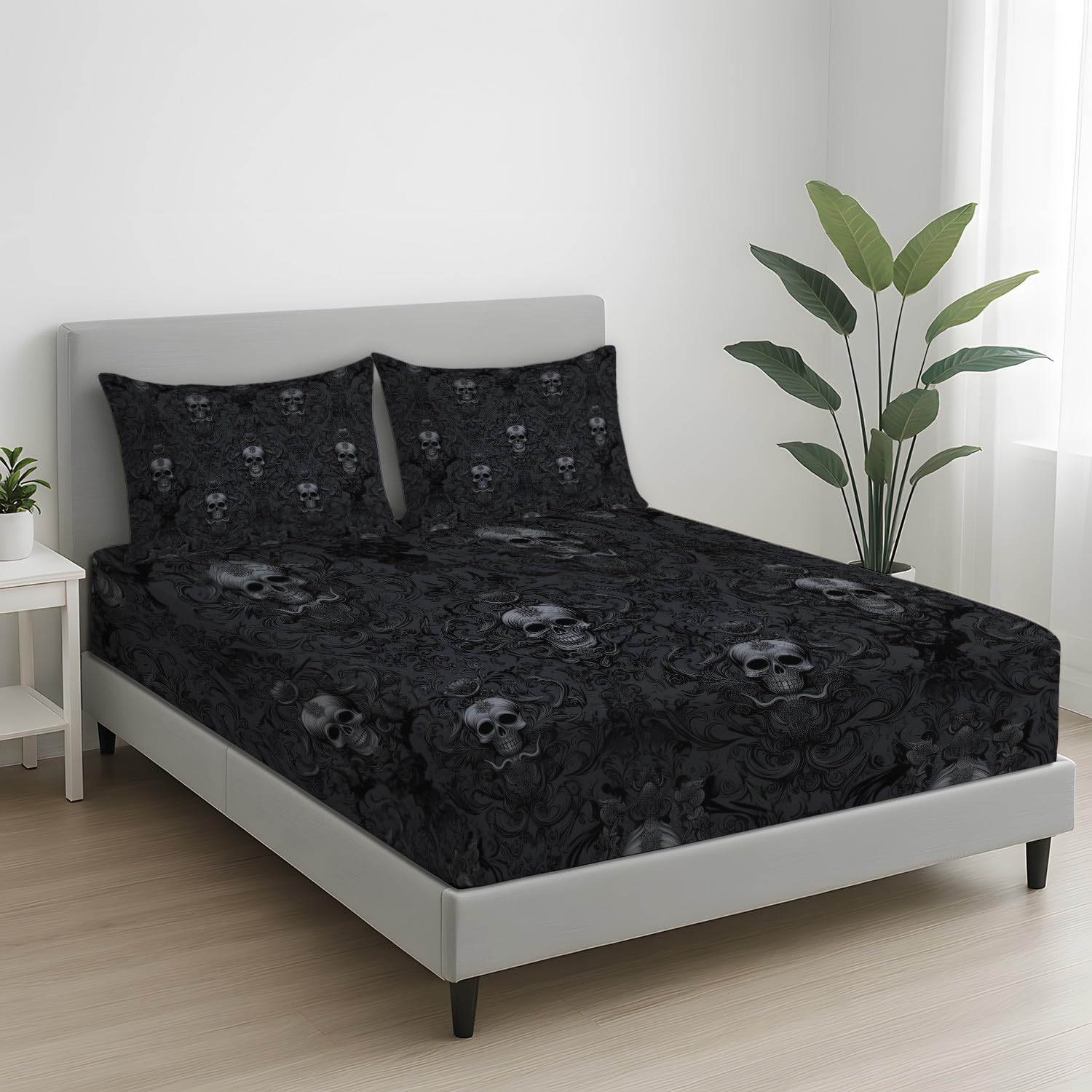 Dunkel Schädel Spannbetttuch Gotisch Mystisch Damast Spannbettlaken 140 x 200 x 30 cm 3teilig Mikrofaser Bettwäsche Set mit 2 Kissenbezüge 80 x 80 cm Kein Flachbettlaken
