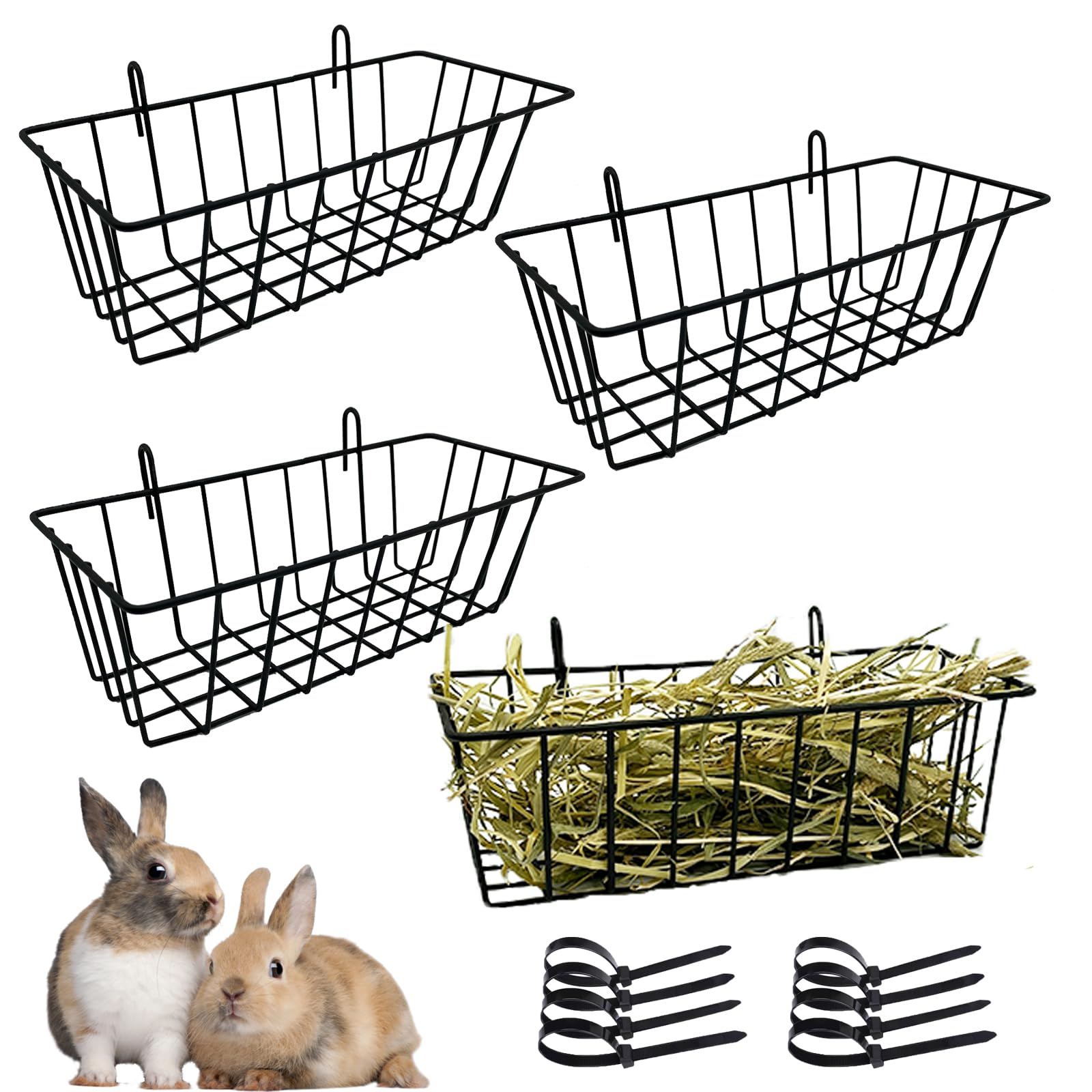 Rabbit Hay Feeder Rack Guinea Pig Hay Dispenser for Cage Hanging Metal Feeder Small Animals Hay Holder Manger for Rabbits Guinea Pigs Chinchillas Ferrets (Black - 4 in a Group)