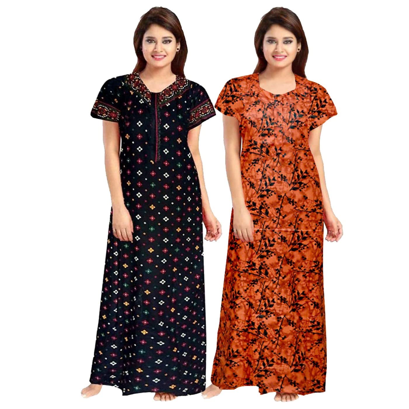 Mudrika100% Cotton Nighty for Women || Long Length Printed Nighty/Maxi/Night Gown/Night Dress/Nightwear Inner & Sleepwear for Women's (Combo Pack of 2)