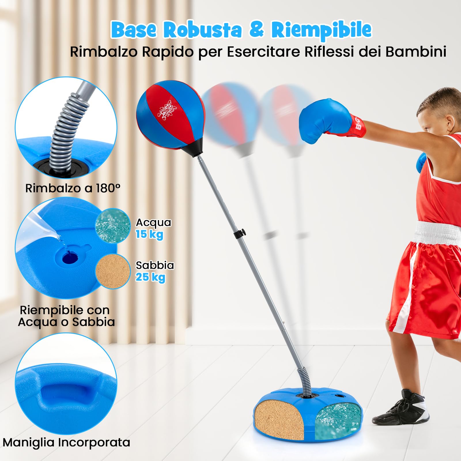 RELAX4LIFE Punching Ball con Guantini per Adulti e Bambini, Sacco da Boxe con Altezza Regolabile 120-154 cm, Palla di Pugilato da Terra con Base Stabile
