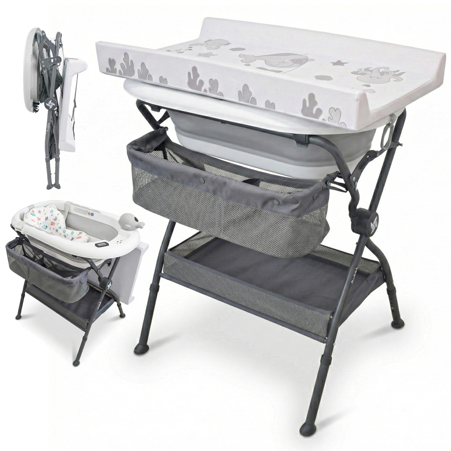 Twinly Bubbly – Bañera Cambiador Plegable para Bebé 2 en 1 – Altura Regulable Ergonómica, Bañera Extraíble para Playa y Viajes, Soporte Estable con Desagüe, Ideal para Baños Pequeños (Gris)