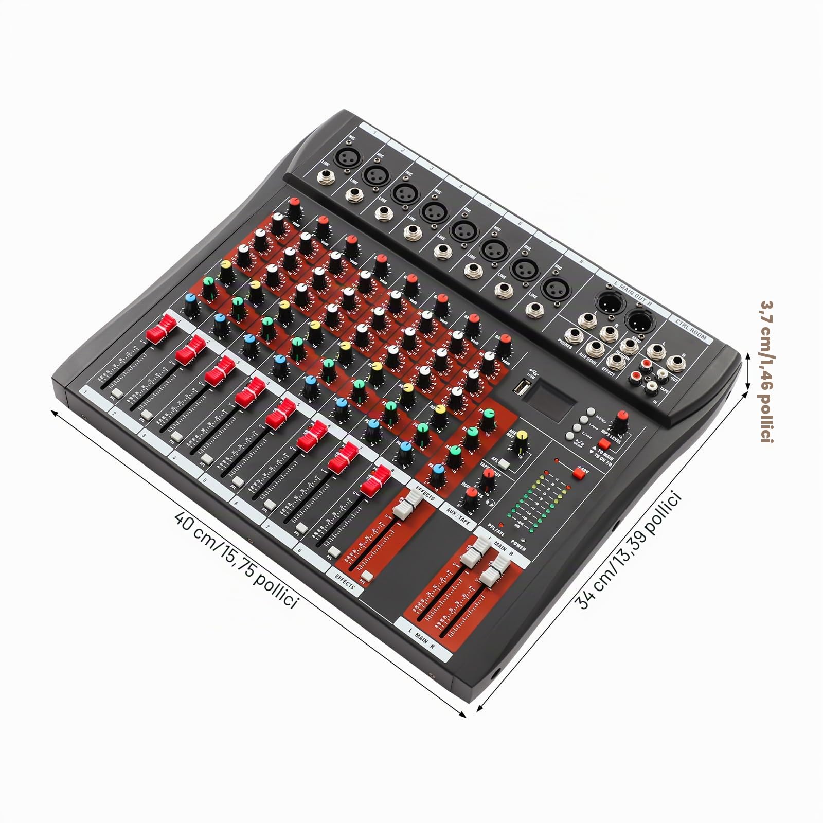 Mixer professionale a 8 canali, mixer audio, mixer audio professionale a 8 canali, mixer con Bluetooth, indicatore LED, alimentazione phantom da 48 V, alloggiamento in metallo, colore nero