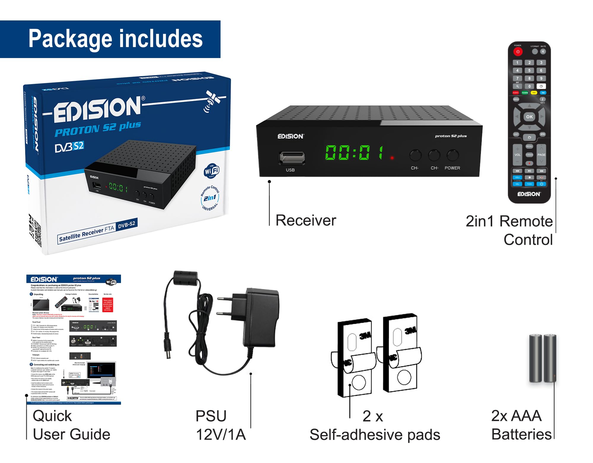 EDISION Proton S2 Plus Full HD Récepteur Satellite DVB-S2 FTA Unicable USB Wi-Fi LAN HDMI