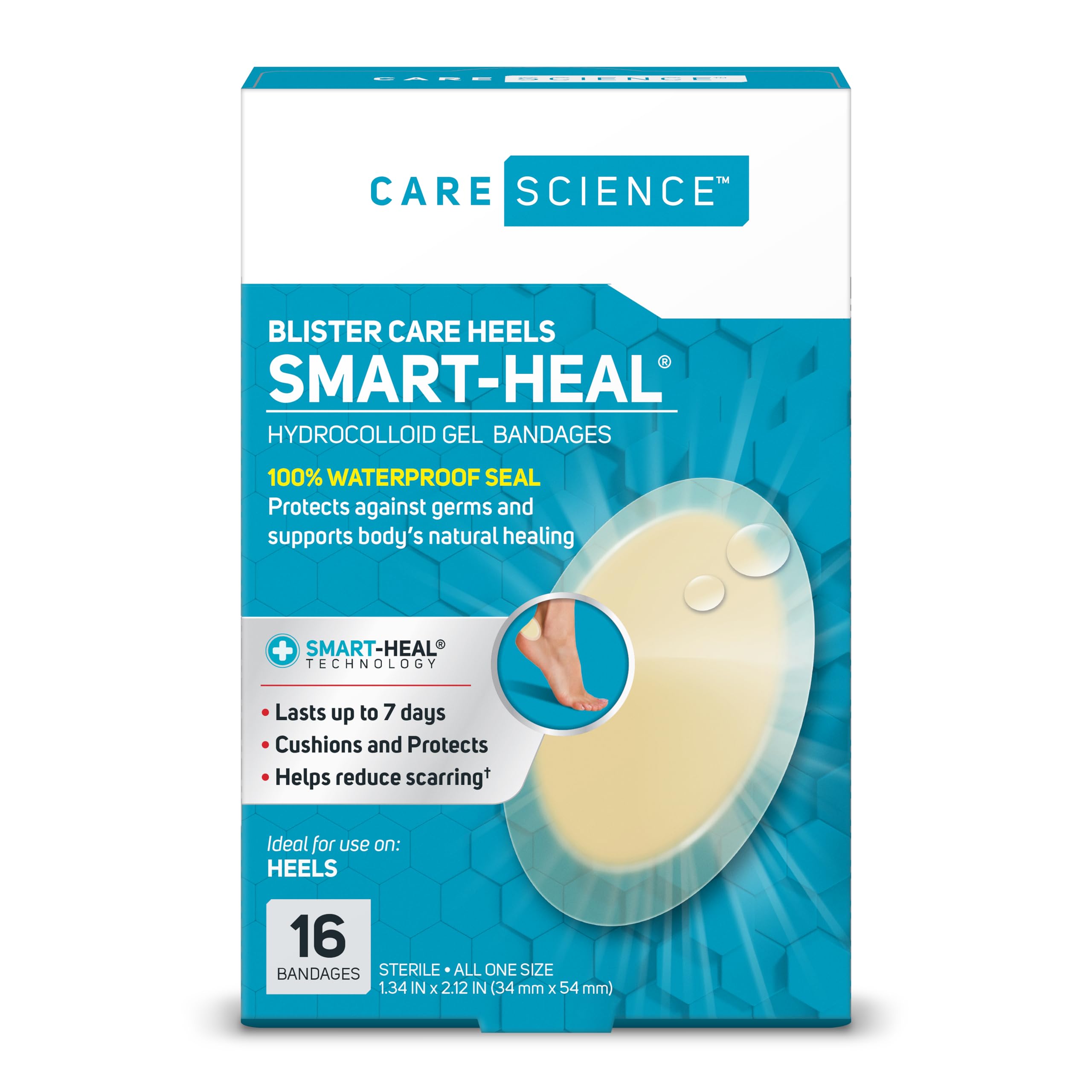 Care Science Smart Heal Hydrocolloid Gel Bandages for Heels, 1.3 in x 2.1 in, 16 Count