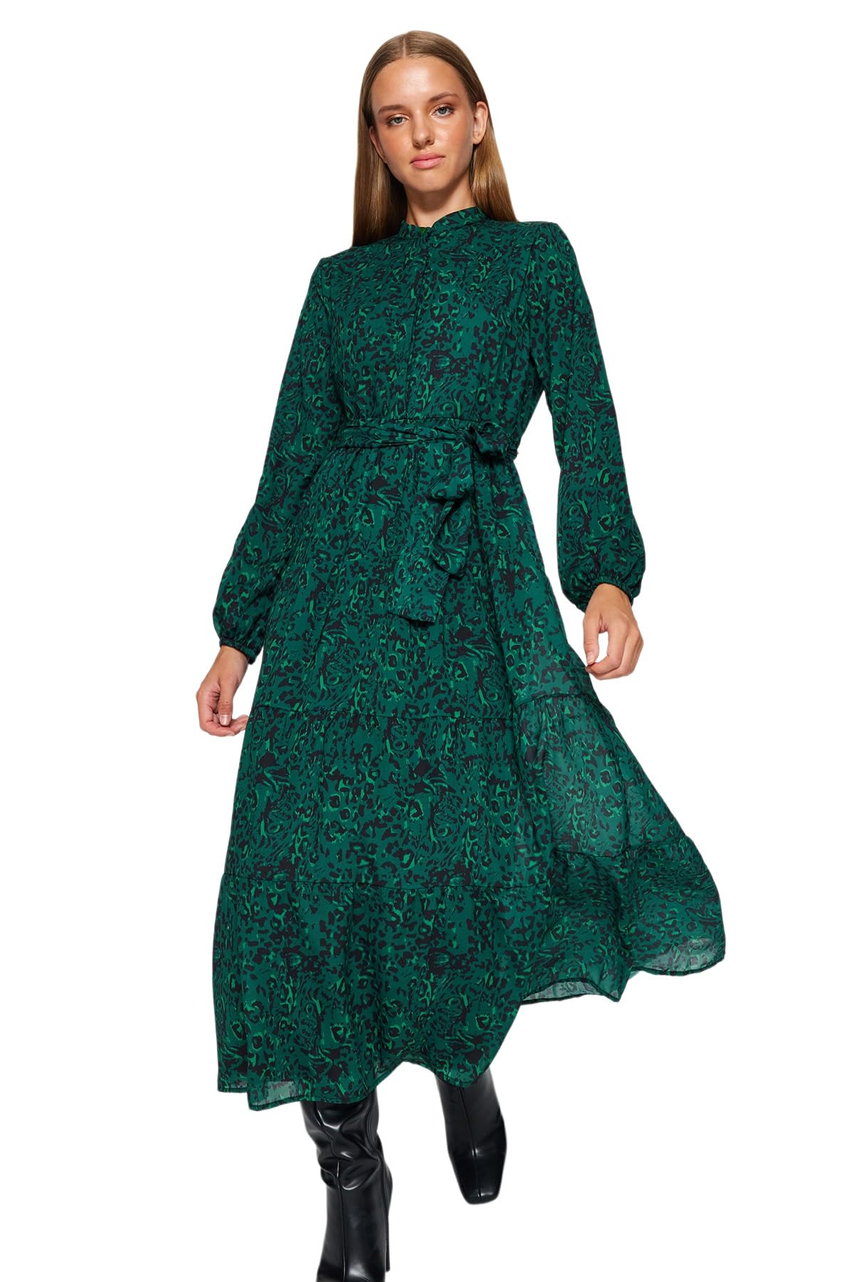 Trendyol Modest Damen Grün Dunkelgrünes Gemustertes, Gefüttertes Chiffon-Gewebekleid Mit Gürteldetail Für - Größe 36