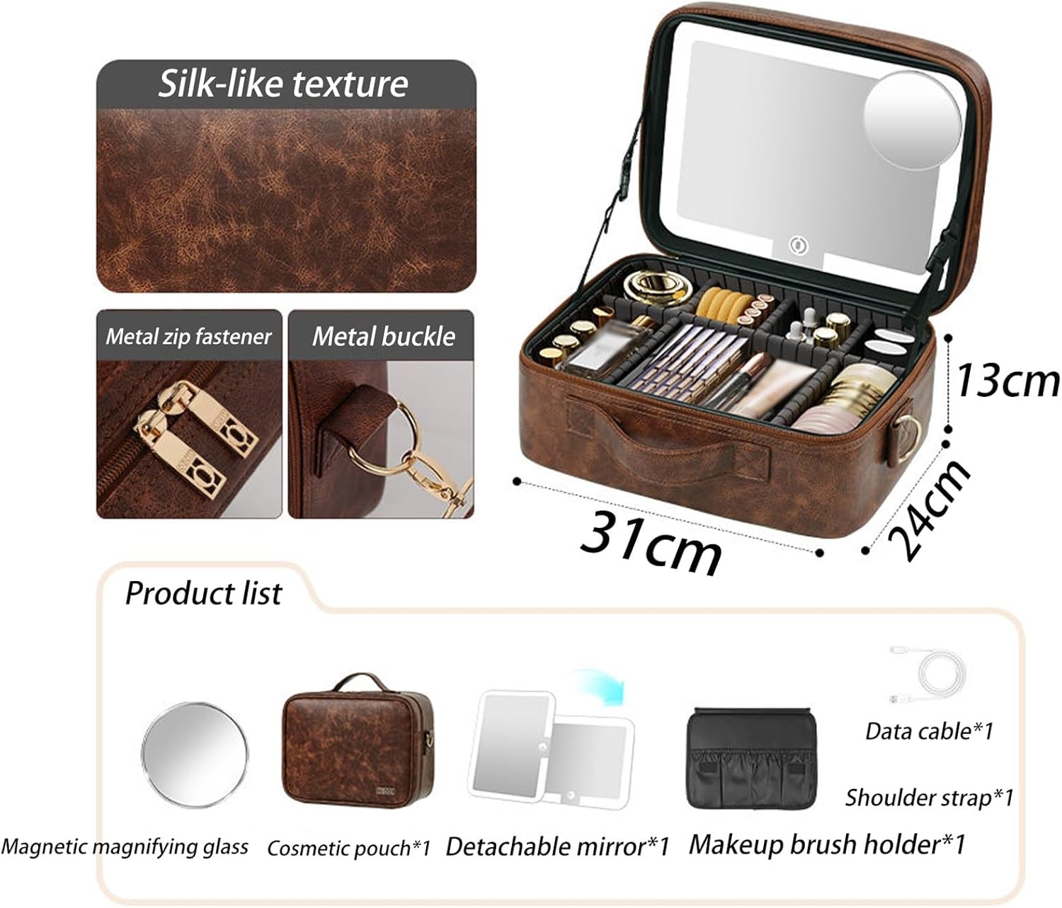 ライト付き 化粧収納ケース 大容量 充電式 ミラー 3色調光調色 可動式仕切り 角度調整可能 PUレザー 防水 持ち運び便利 旅行