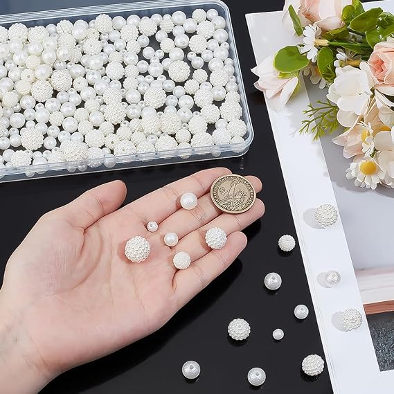PH PandaHall 330pcs Imitation Pearl Berry Beads Round Pearl Beads Bayberry Bead 2 Styles Ball Bead Spacers for Earring Bracelet Necklace Jewelry Making DIY Crafts, Beige, 6/8/9.5/10/12/14mm