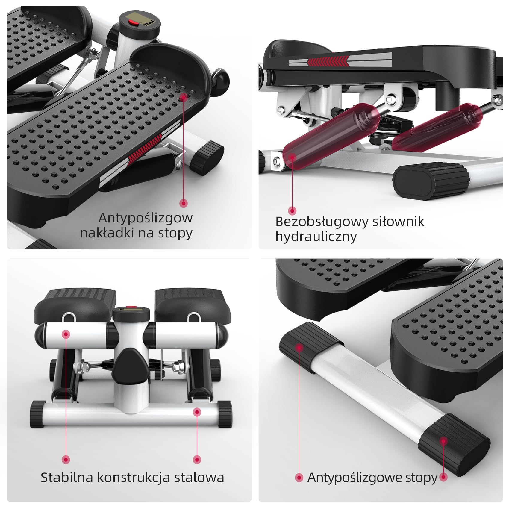 ST1 Mini Stepper do domu, 2 w 1: stepper góra–dół z linkami oporowymi, wyświetlacz LCD, regulowany opór, trening nóg i rąk, cichy i kompaktowy, maksymalne obciążenie 100 kg.