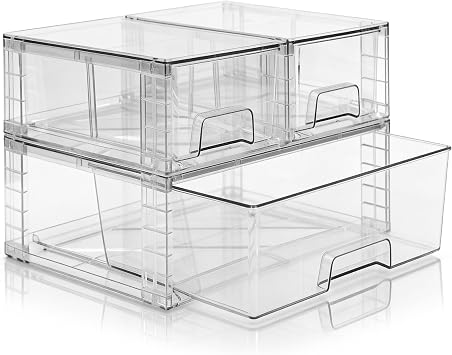 Stackable Storage Drawers3 Pack,High-strength Clear Plastic Multi-purpose Organizer Bins with Handles, Easily Assemble Acrylic Drawers for Bathroom Closet Cabinet Pantry Under Sink