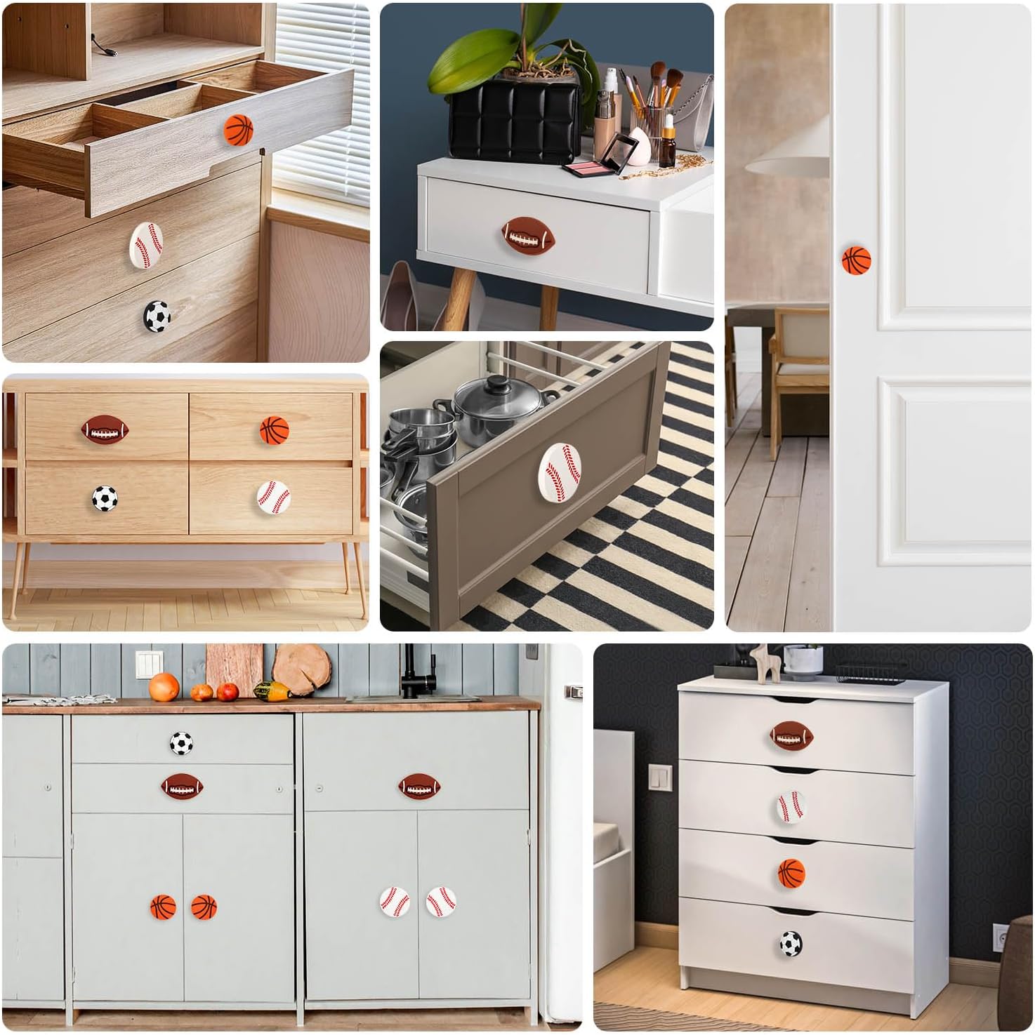 12 Pcs Sports Ball Dresser Knobs Rubber Baseball Basketball Drawer Knobs Drawer Hardware Handle for Cabinet, Nursery, Kitchen and Home Decor (Football, Basketball, Softball & Rugby Styles)