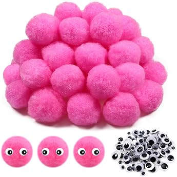 Toaob 50 Pieces Pompoms for Crafts Large 40 mm Pink Pompom Fluffy Plush Set Balls Art Bobble with 100 Pieces Self-Adhesive Wiggly Eyes for Decorating Decorating DIY Fun Creative Crafts