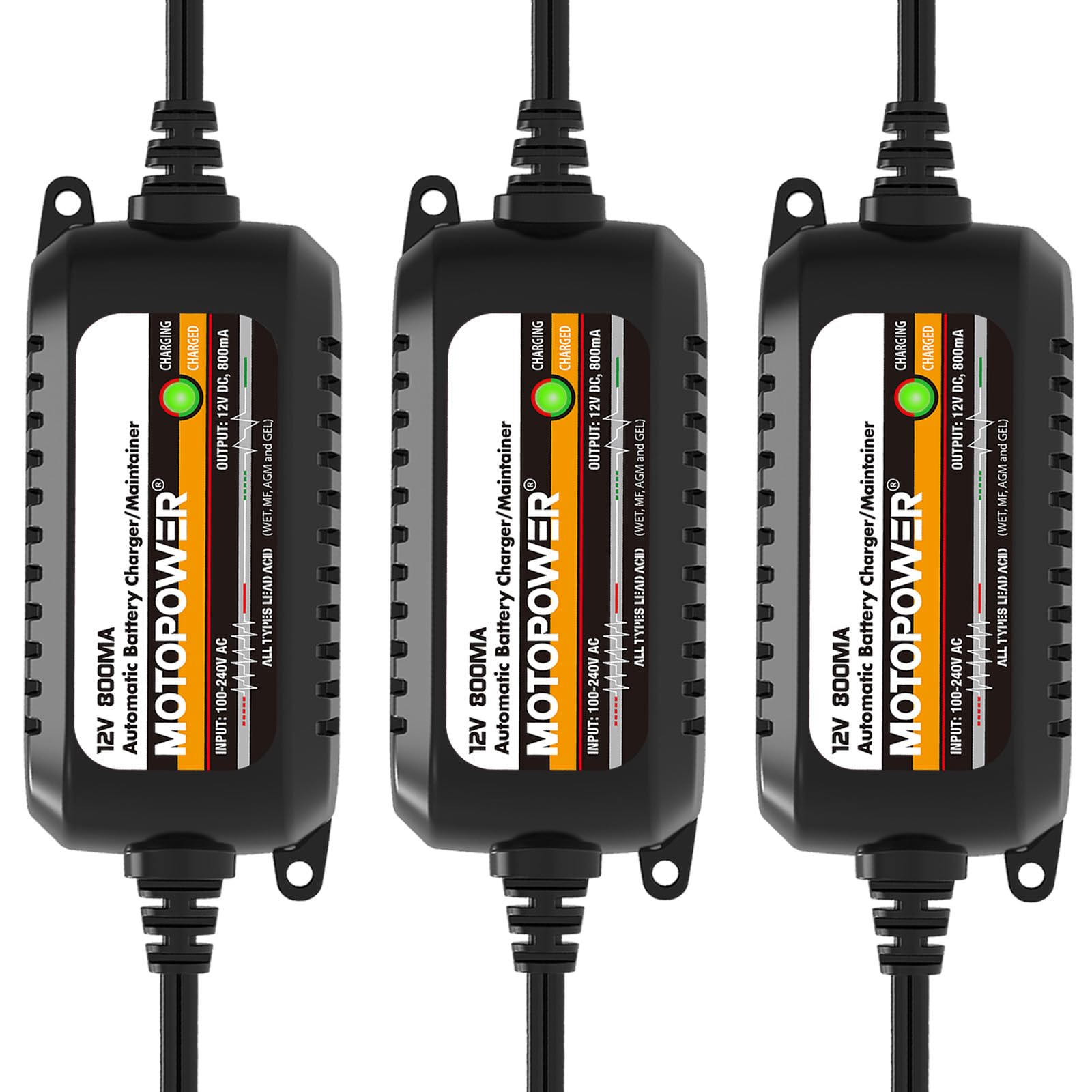 MOTOPOWER MP00205C automatyczna ładowarka do akumulatorów, 12 V, 800 mA, ładowarka podtrzymująca i odsiarczacz akumulatora, 3 sztuki