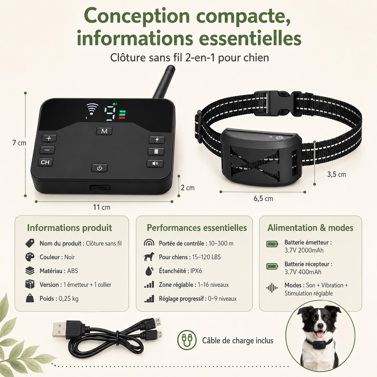 Collier Anti-Fugue 2 en 1 Collier Anti aboiement Chien 3 Modes 9 Niveaux réglables étanche Collier de Dressage avec télécommande