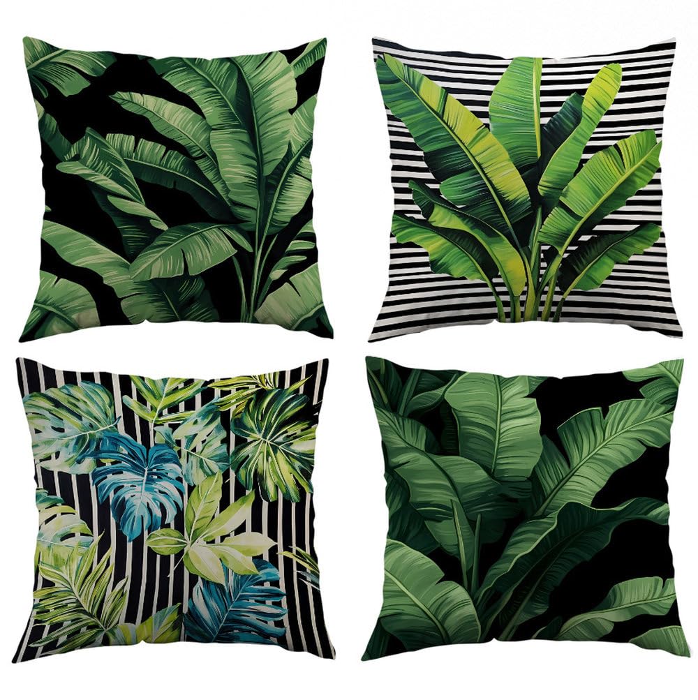 Cushion Covers 45X45 Set Of 4 Green Cotton Linen Decorative Pillowcases With Invisible Zipper, Square Throw Pillow Covers For Sofa, Couch, Bedroom Or Outdoor Use,18X18 Inch Set Of 4