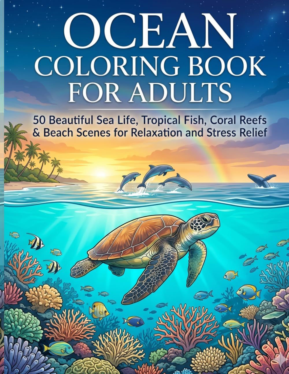 Ocean Coloring Book for Adults: 50 Beautiful Sea Life, Tropical Fish, Coral Reefs & Beach Scenes for Relaxation and Stress Relief
