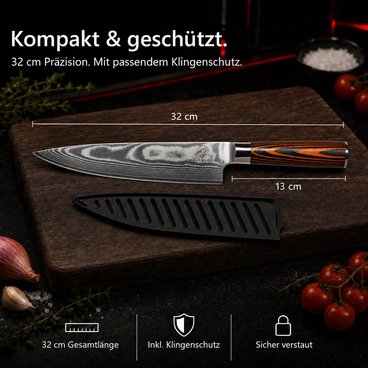 Wolfblood Damastmesser Küchenmesser XL (32cm) TÜV geprüfter 62 HRC Damaststahl aus 67 Lagen I Damast-Küchenmesser Chefmesser Kochmesser mit Holzgriff Geschenkbox und Klingenschutz