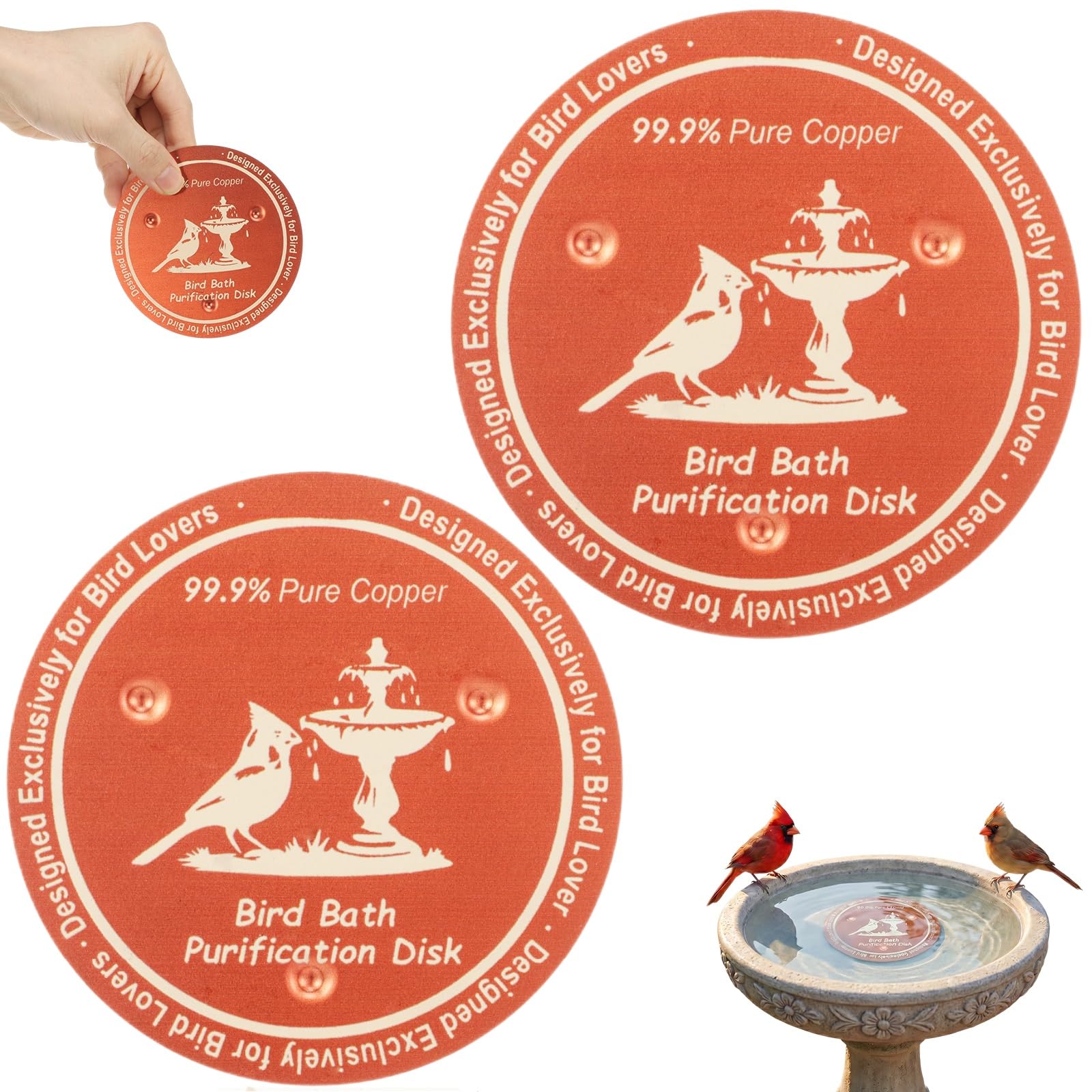 2Pcs Copper Disc for Bird Bath, 99.99% Pure Copper Bird Bath Purification Disk with Stable 3-Point Support, Natural Water Cleaner for Outdoor Birdbaths & Fountains All-Season Cleaning (2pcs A)