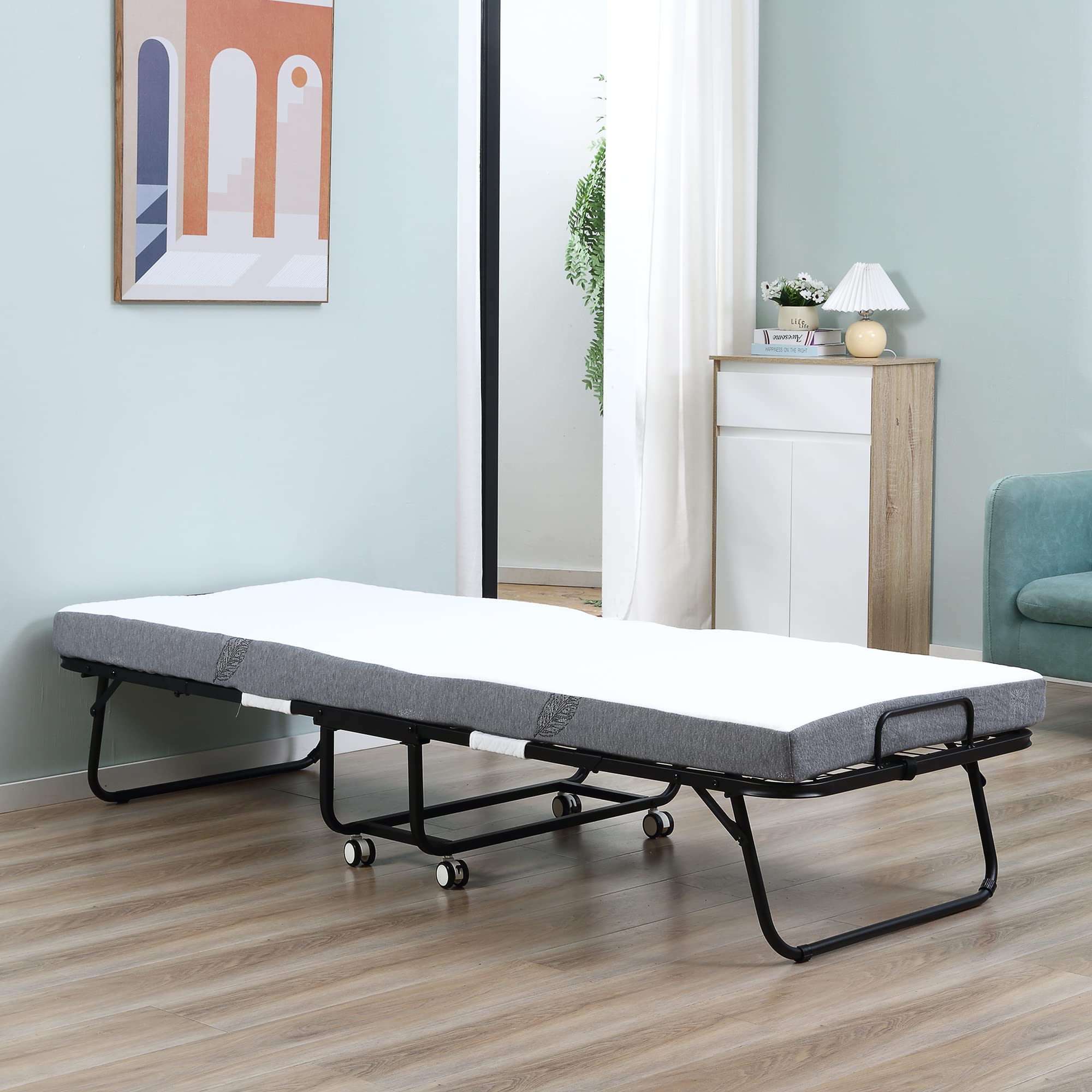 HOMCOM Rollaway Bed, Folding Bed with 4" Mattress, Portable Foldable Guest Bed with Sturdy Metal Frame and Wheels, 78.75"x31.5"x16.75", White