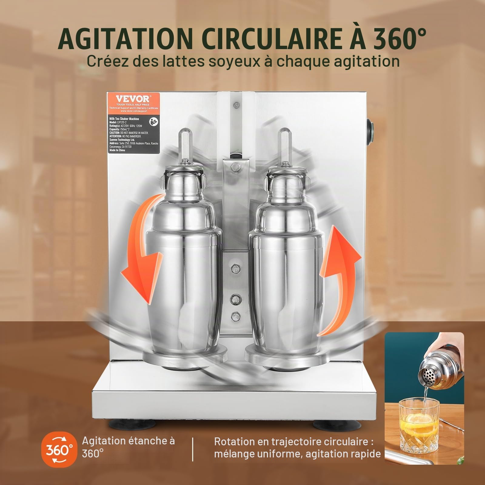 VEVOR Batteur Mixeur à Milkshake Commercial, Appareil à Thé au Lait Électrique 120 W, Mélangeur à Boissons Double Tête, Réglable 0-180 s, avec Tasse Inox 750 mL, pour Magasin de Thé au Lait Bar Café