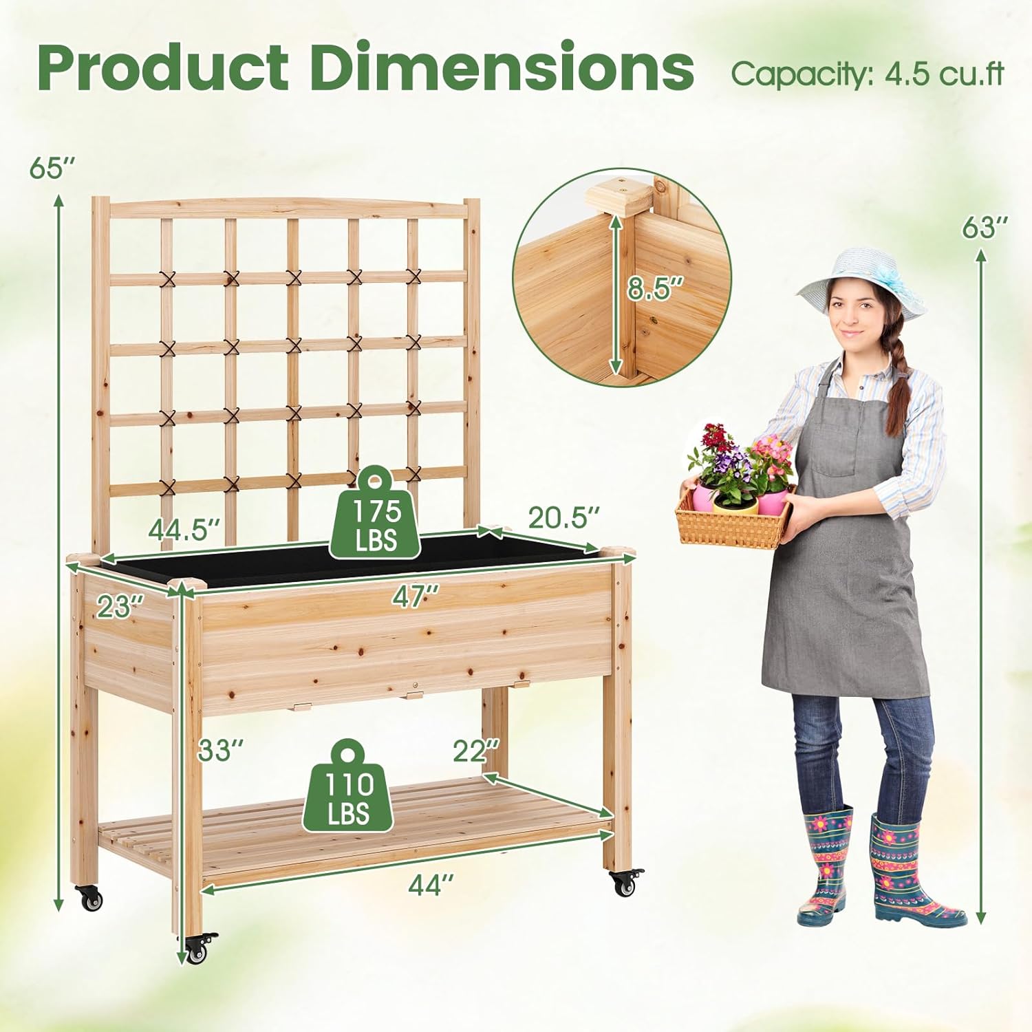 COSTWAY Wooden Raised Garden Bed with Trellis, Mobile Elevated Planter on Wheels, 285 lbs Capacity with Liner & Drainage Holes, Freestanding Outdoor Box for Climbing Plants, Vegetables, & Herbs