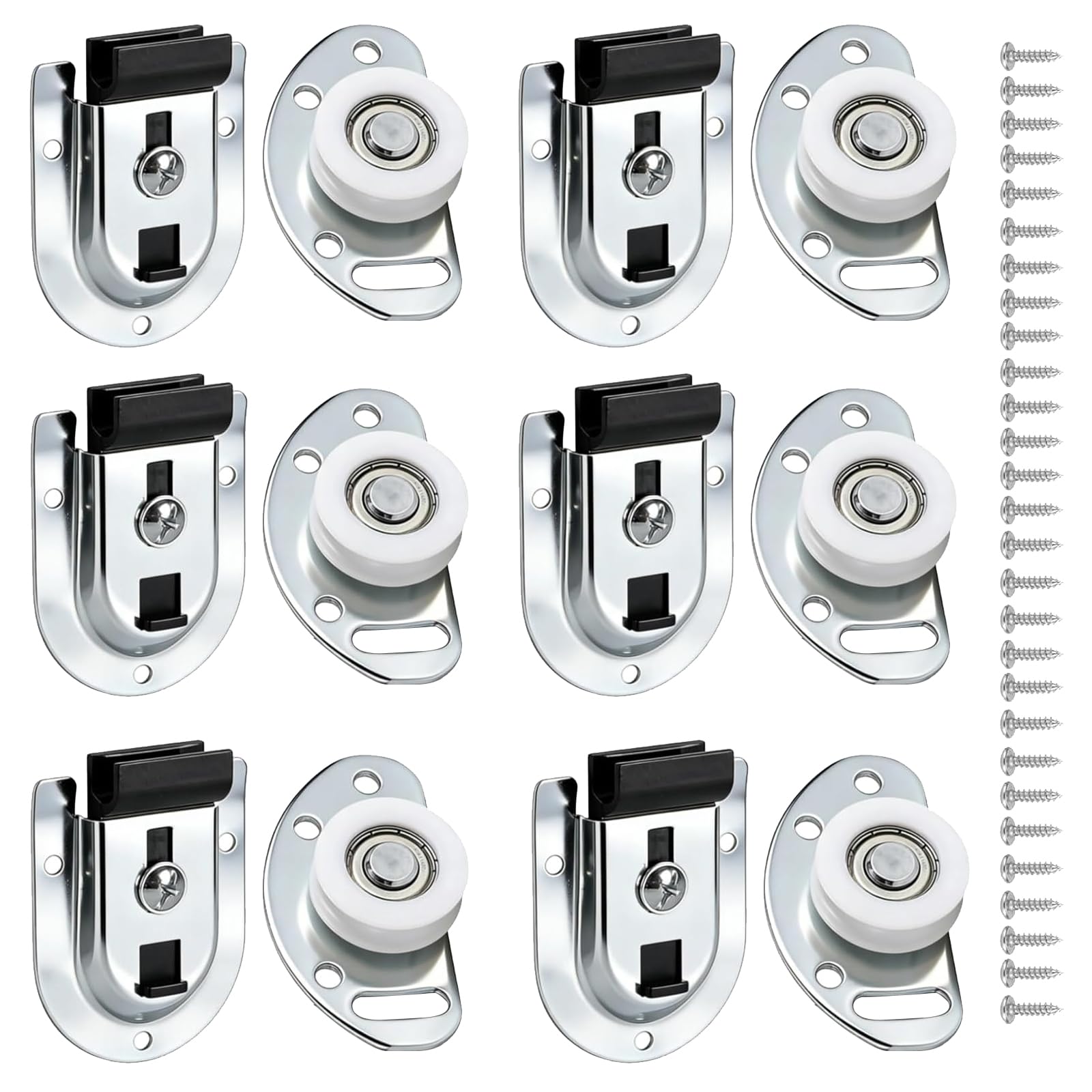 Sliding Closet Door Hardware Kit, 6 Pack Bottom Rollers 6 Pack Top Brackets, Replacement Sliding Door Track with Sufficient Screws, Ball Bearing Wheels for Closet & Wardrobe Doors