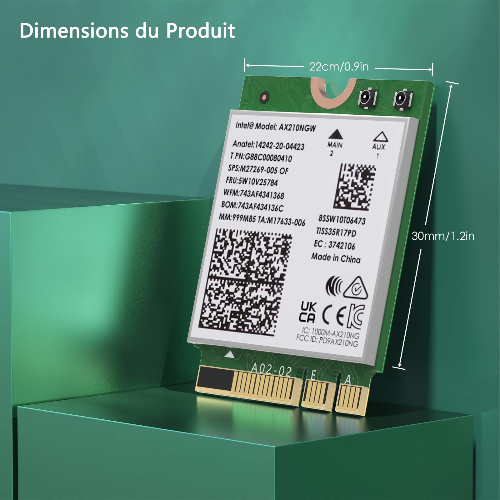 WAVLINK WiFi 6E Carte sans Fil,Intel AX210 Adaptateur Réseau Tri-bande 5400Mbps 2.4GHz/5GHz/6GHz avec Bluetooth 5.3 pour Ordinateur Portable,Latence Ultra-faible,Support Windows 10/11 (64bit) M.2/NGFF