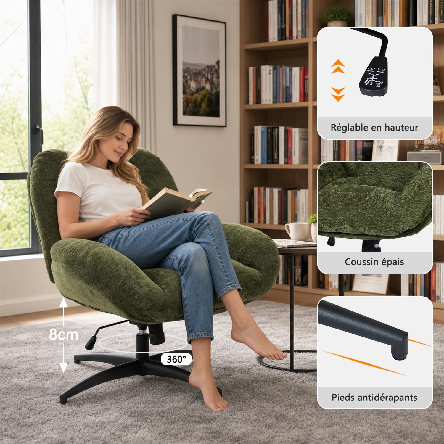 MEUBLE COSY Sillón Giratoria Butaca de Salón con Altura Ajustable Función de Inclinación, Silla Lectura con Tapizado en Tela de Chenilla, Verde