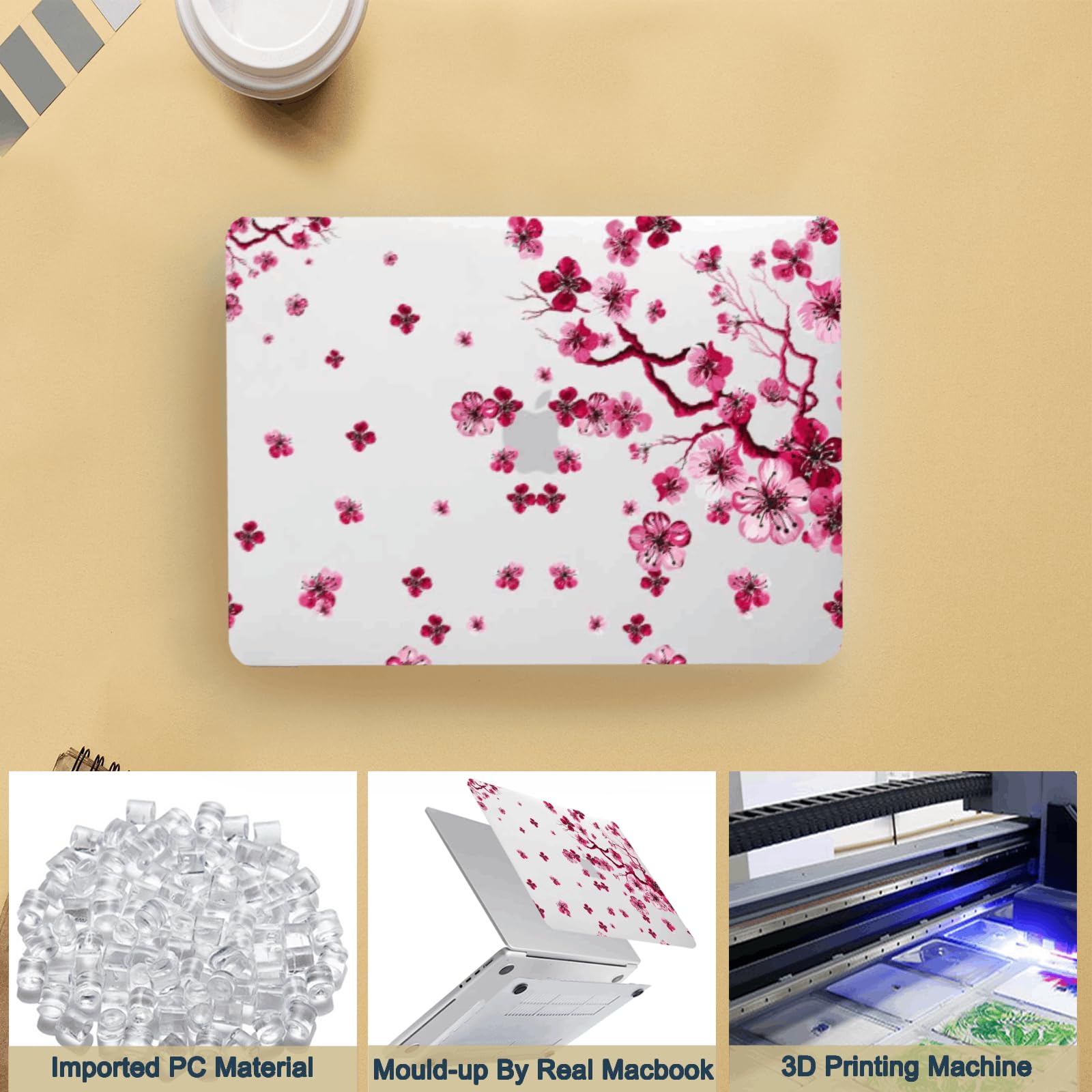 Hard Case per Macbook Air 13 pollici M4 M3 M2 2025 2024 2023 2022 A2681 A3113 A3240,Cover Custodia Protettiva & Borsa PC & Copritastiera per Macbook Air 13.6",Fiore di Ciliegio