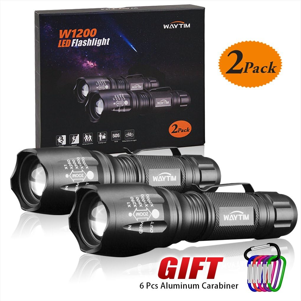 WAYTIM LED Flashlight High Lumens W1200 Tactical Flashlight,CREE XML T6 LED,6 Pcs Carabiner (Gift),Five Modes,with Clip,Zoomable, for Hiking,Camping,Hunting,Fishing,Exploration,Emergency(2 Pack)