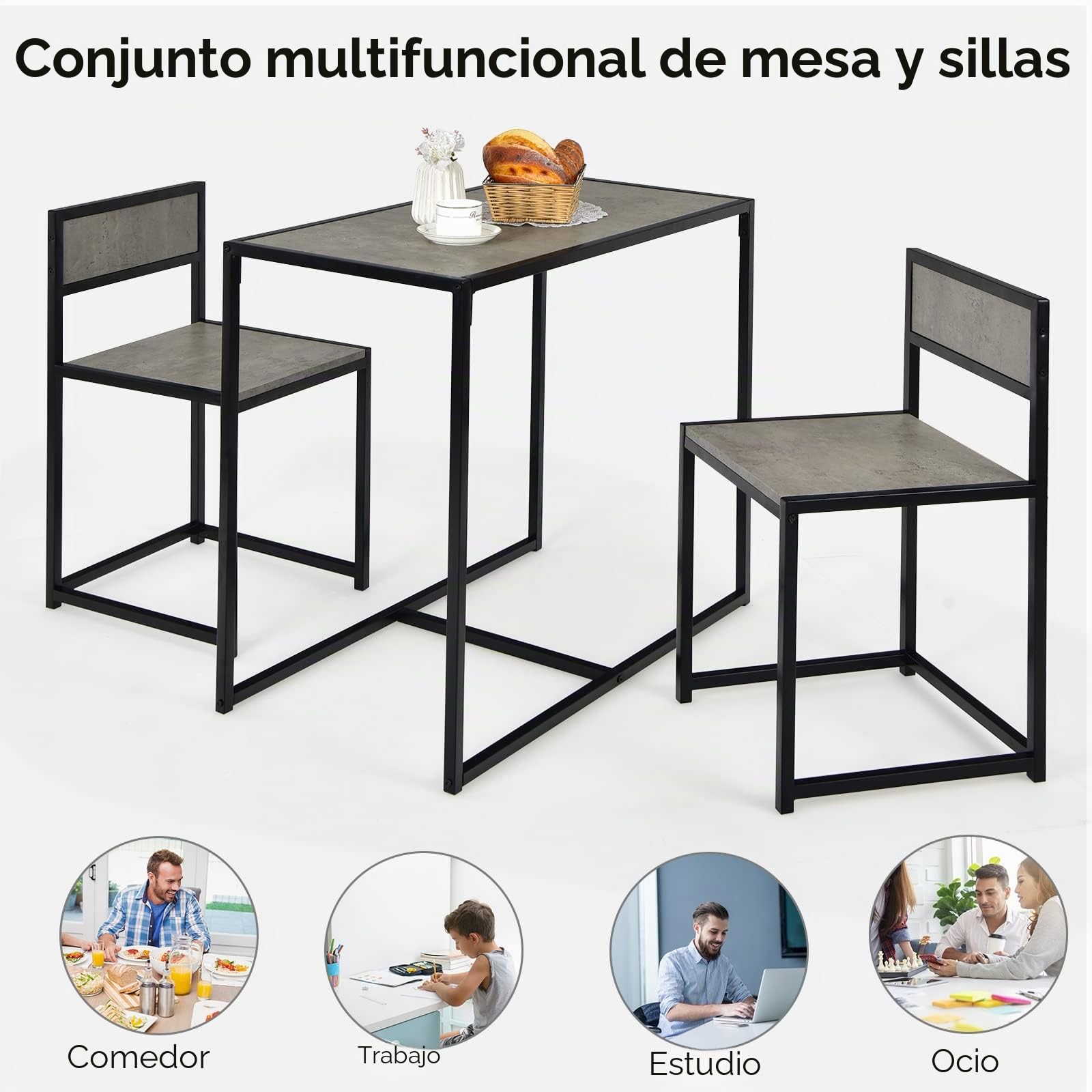 LIFEZEAL Juego de Mesa Comedor, Conjunto de Mesa y 2 sillas para Cocina, Mueble de 3 Piezas de Madera con Estructura metálica, con diseño de Poco Espacio (Gris)