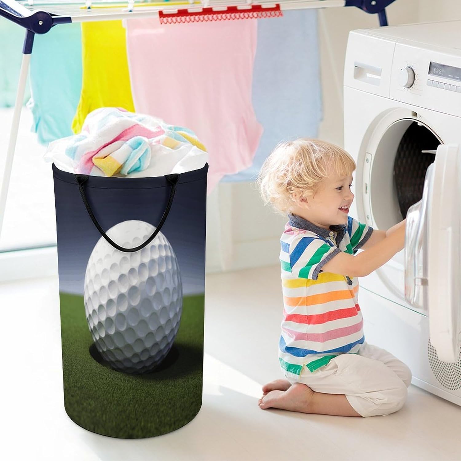 Golf Ball Laundry Hamper with Handles Waterproof Collapsible Laundry Basket Large Lightweight Round Dirty Clothes Hamper for Home Dorm Bathroom Decor