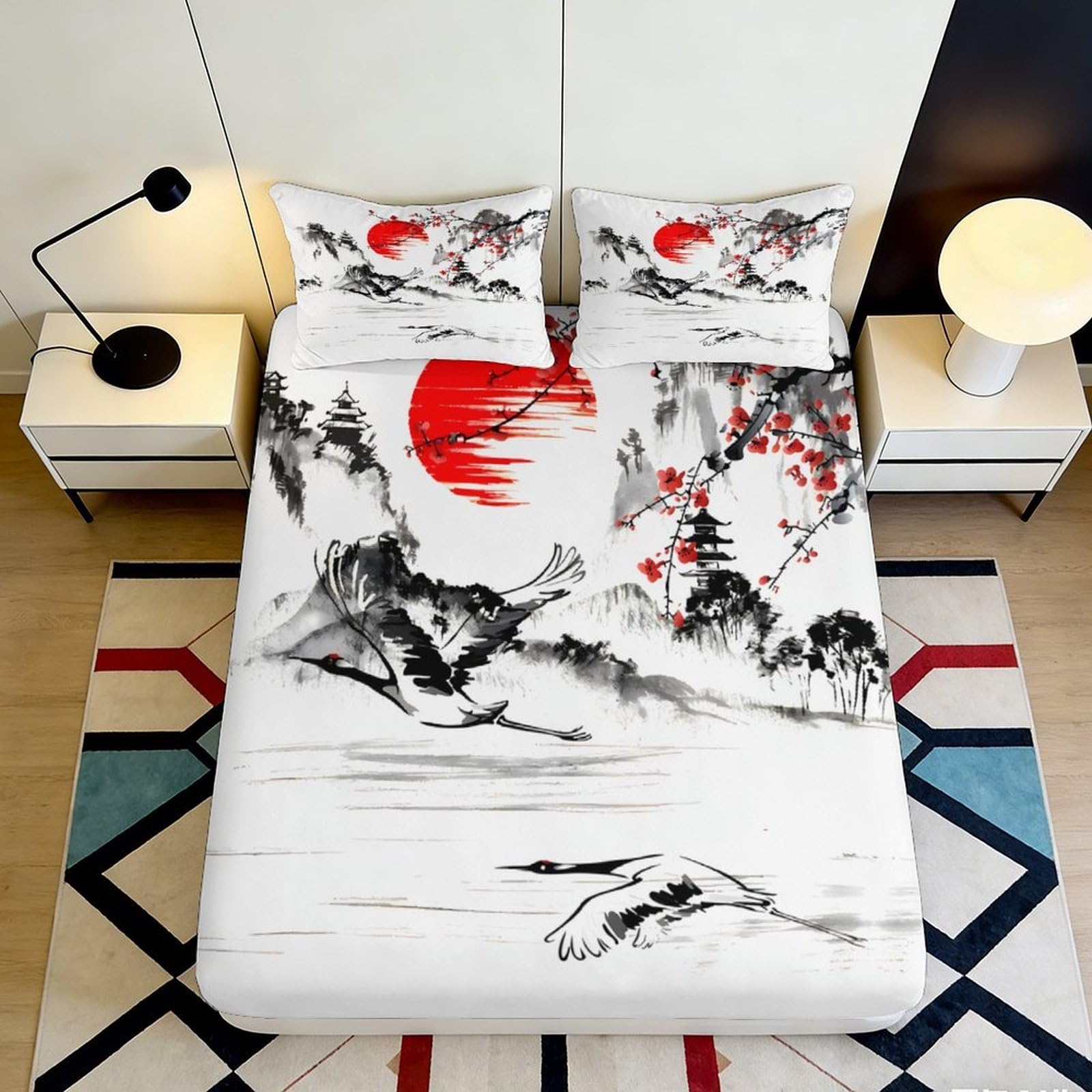 3D Printed Japanese Crane Fitted Sheet Microfiber Soft Breathable Red Sun Bed Cover for Bedroom Dormitory Guest Room Mattress Protection Decor 120x200x25cm